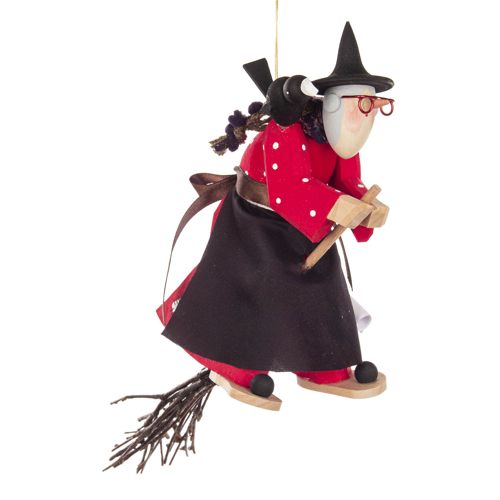 Holzfigur einer Hexe auf einem Besen, begleitet von einem Raben, rot bemalt mit schwarzem Umhang, zum Aufhängen. im Dregeno Online Shop günstig kaufen