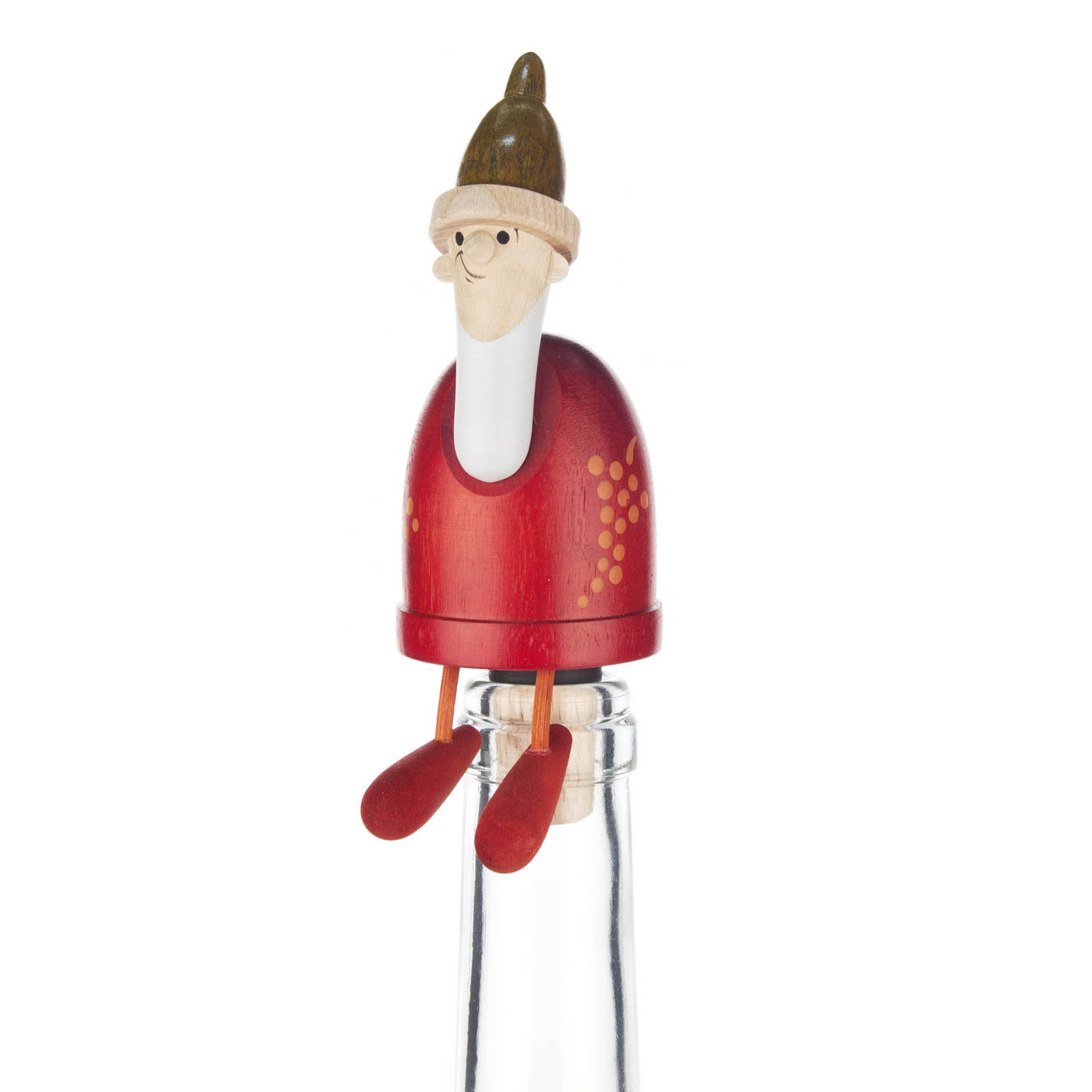 Holzfigur eines Flaschengeists, rot gebeizt, mit langem Bart, grüner Mütze und runden Brillengläsern, sitzt oben auf einer Glasflasche. im Dregeno Online Shop günstig kaufen