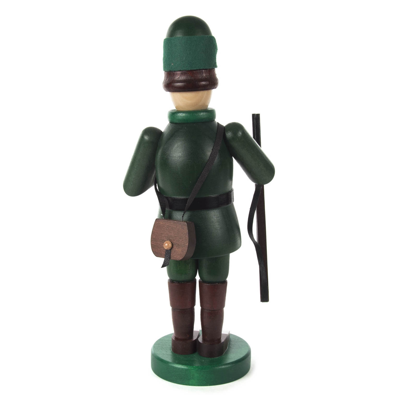 Holzfigur eines Försters namens 'Karl Stülpner', gekleidet in Grün mit Waffe und Umhängetasche.