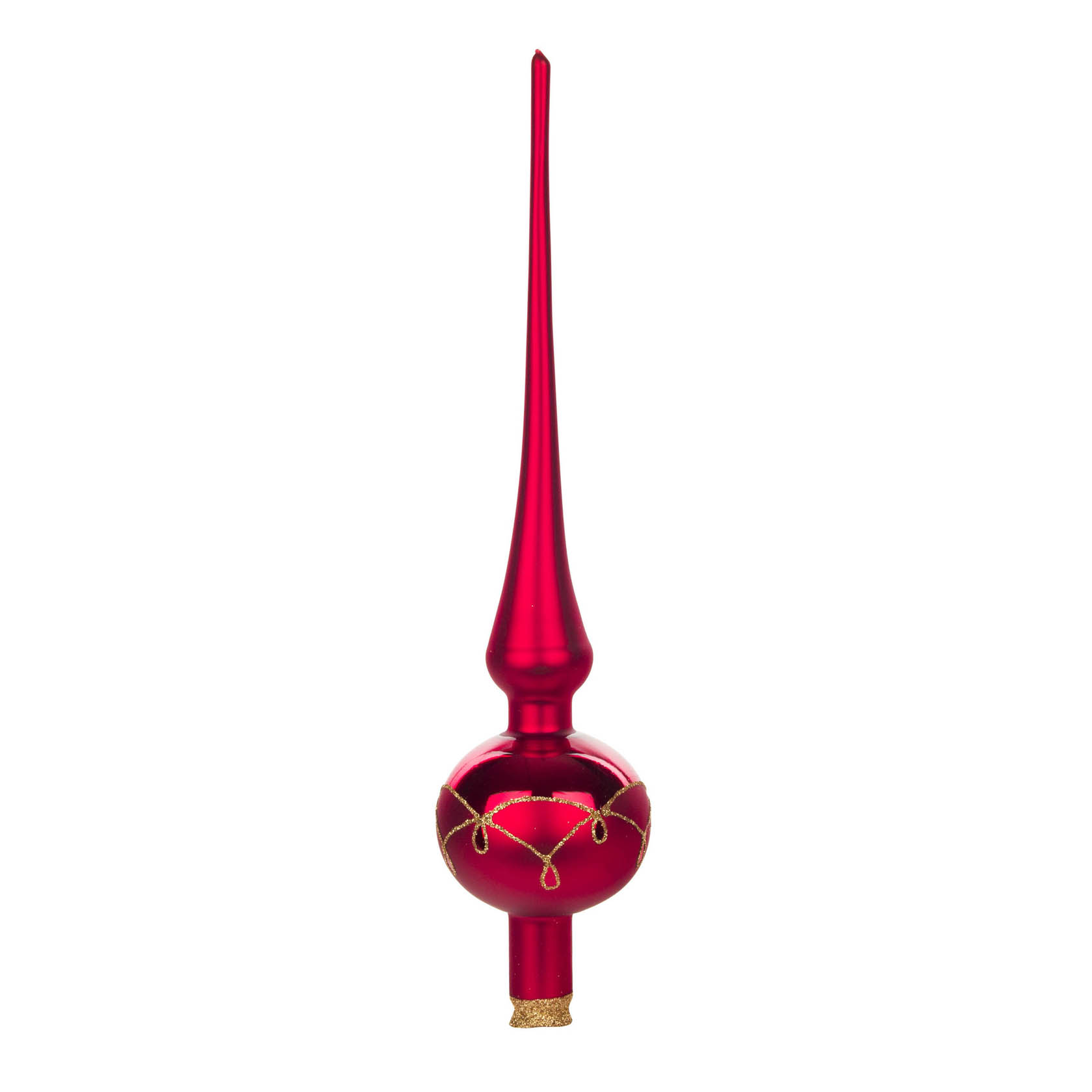 Red matte glass Christmas tree topper with a droplet design featuring a pointed top and round base. The ornament is adorned with golden detailing. im Dregeno Online Shop günstig kaufen