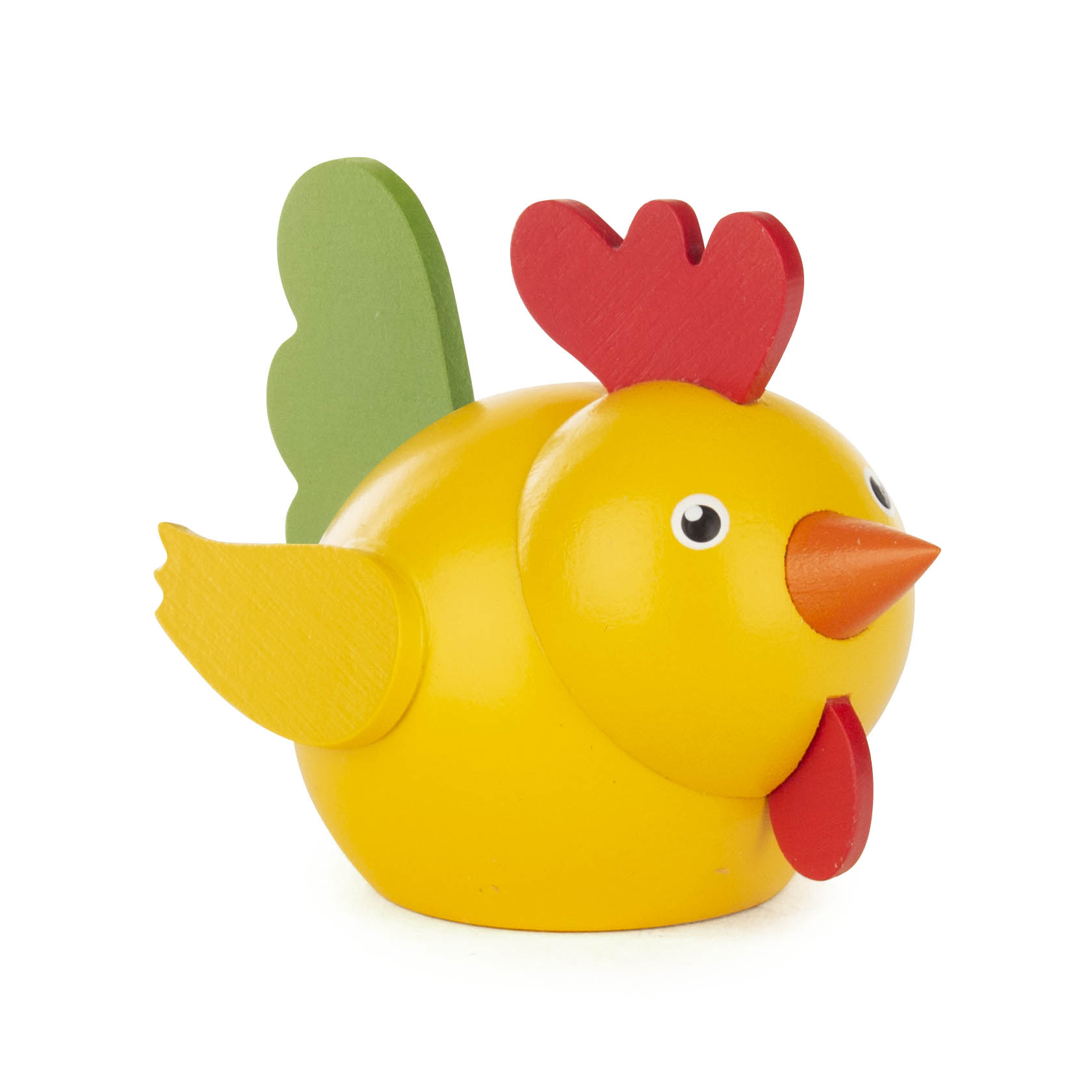Ein gelbes Holz-Huhn mit roten und grünen Details, das als Deko-Element für einen Vario-Leuchter dient. im Dregeno Online Shop günstig kaufen