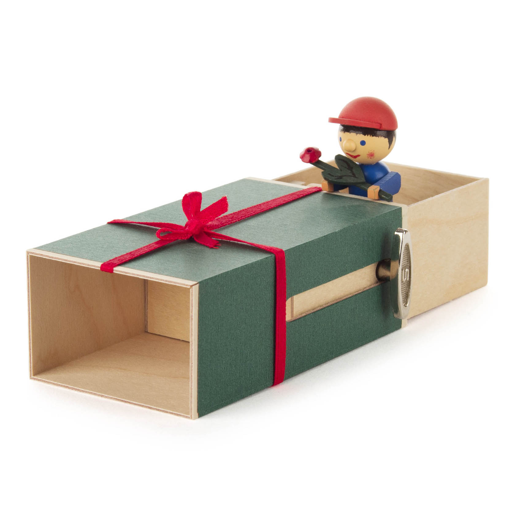 Wooden sliding gift box with a small figurine of a boy holding a red flower. The box is decorated with a red ribbon.