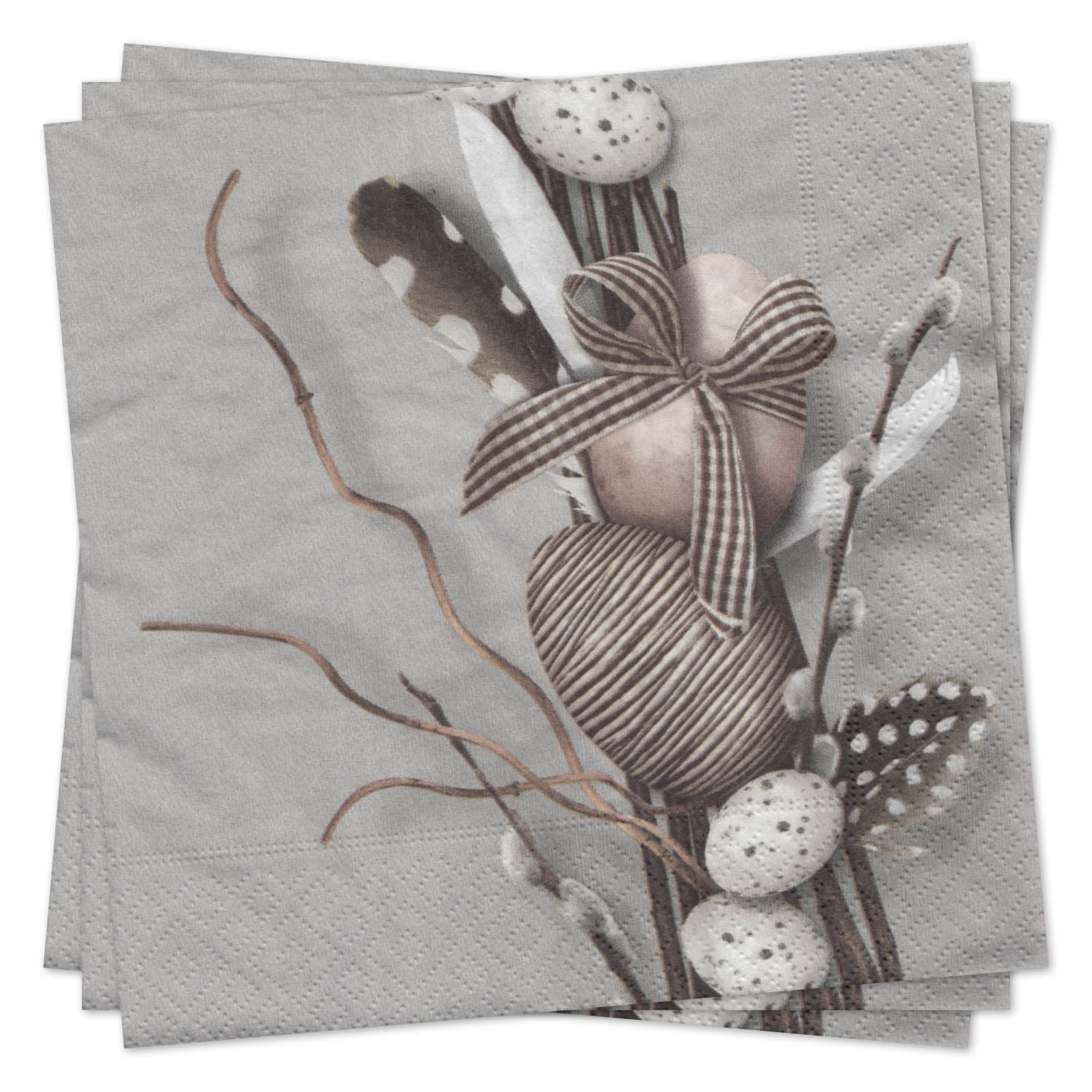 Servietten mit Osterdekoration: Zweige, Federn, bemalte Eier, Geschenkbänder in Naturtönen. im Dregeno Online Shop günstig kaufen