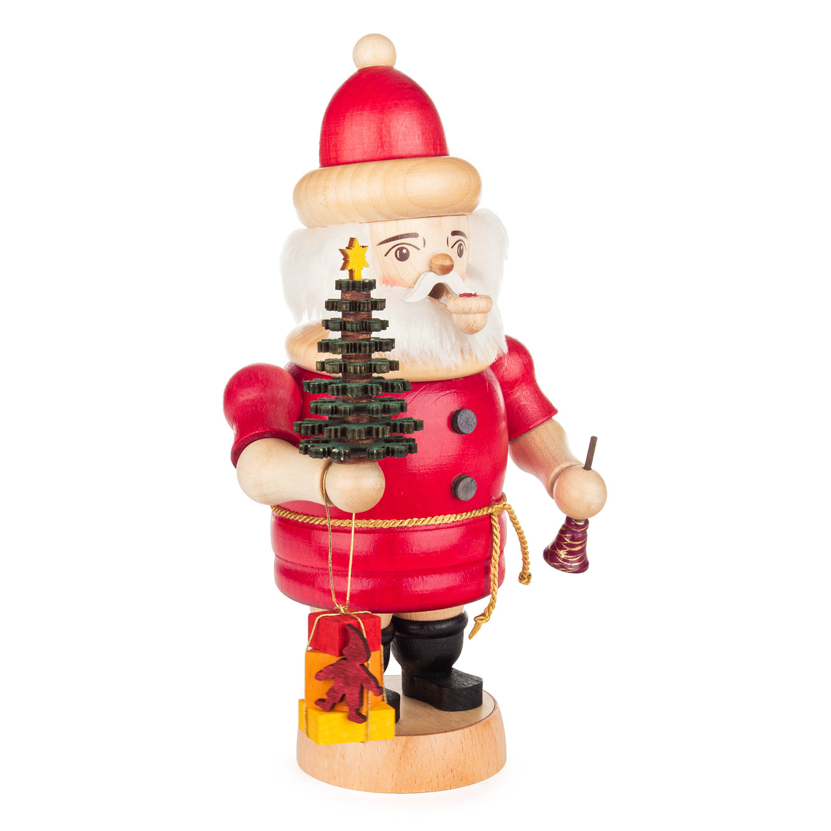 Ein traditioneller Räuchermann in Form eines Weihnachtsmannes. Er trägt einen roten Mantel und Hut, hält einen kleinen Weihnachtsbaum und eine Glocke. Ein Geschenk ist an seinem Gürtel befestigt.
