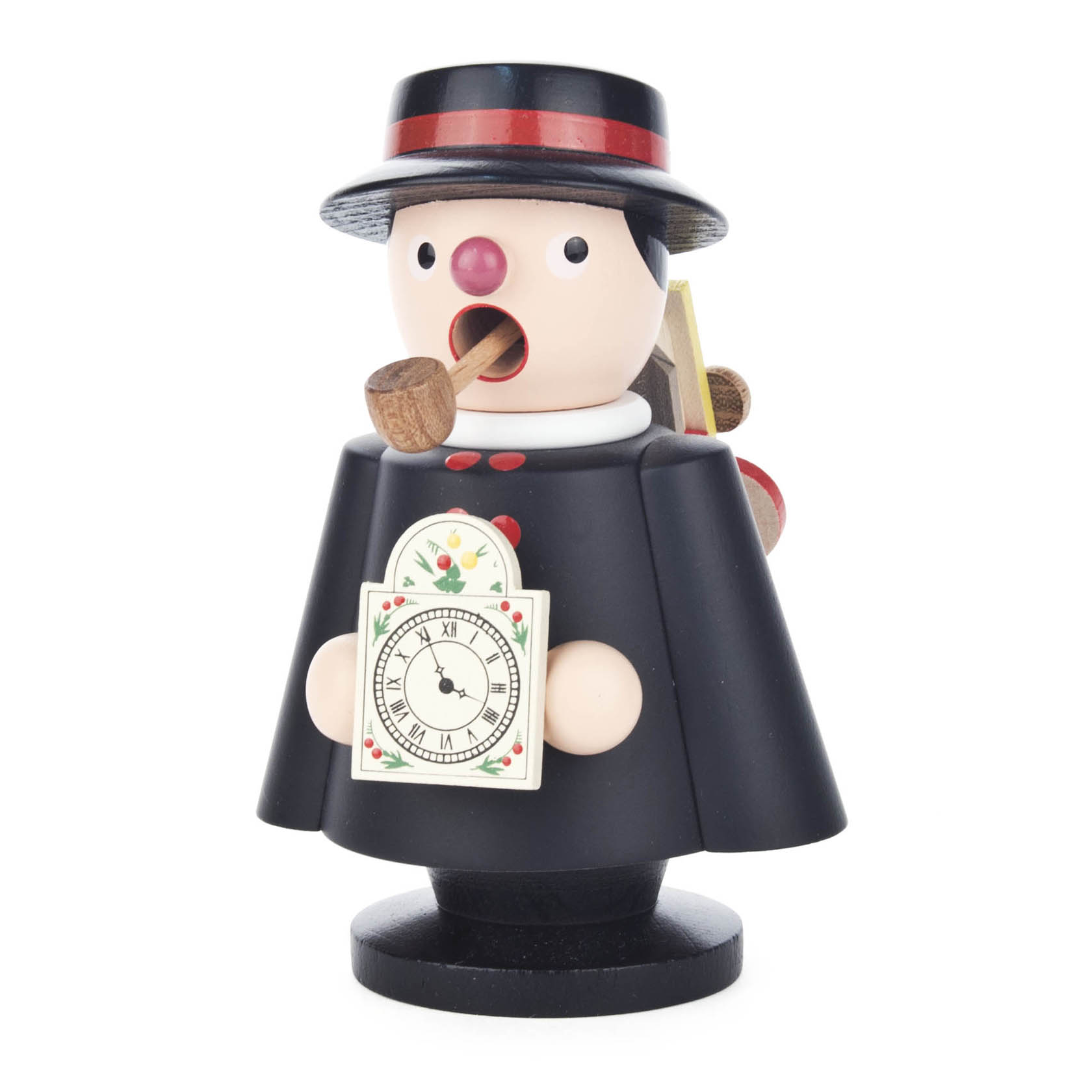 Holzfigur eines Rauchermanns als Uhrenhändler, mit schwarzer Kleidung, Hut, Pfeife im Mund und einer Uhr vor der Brust. im Dregeno Online Shop günstig kaufen