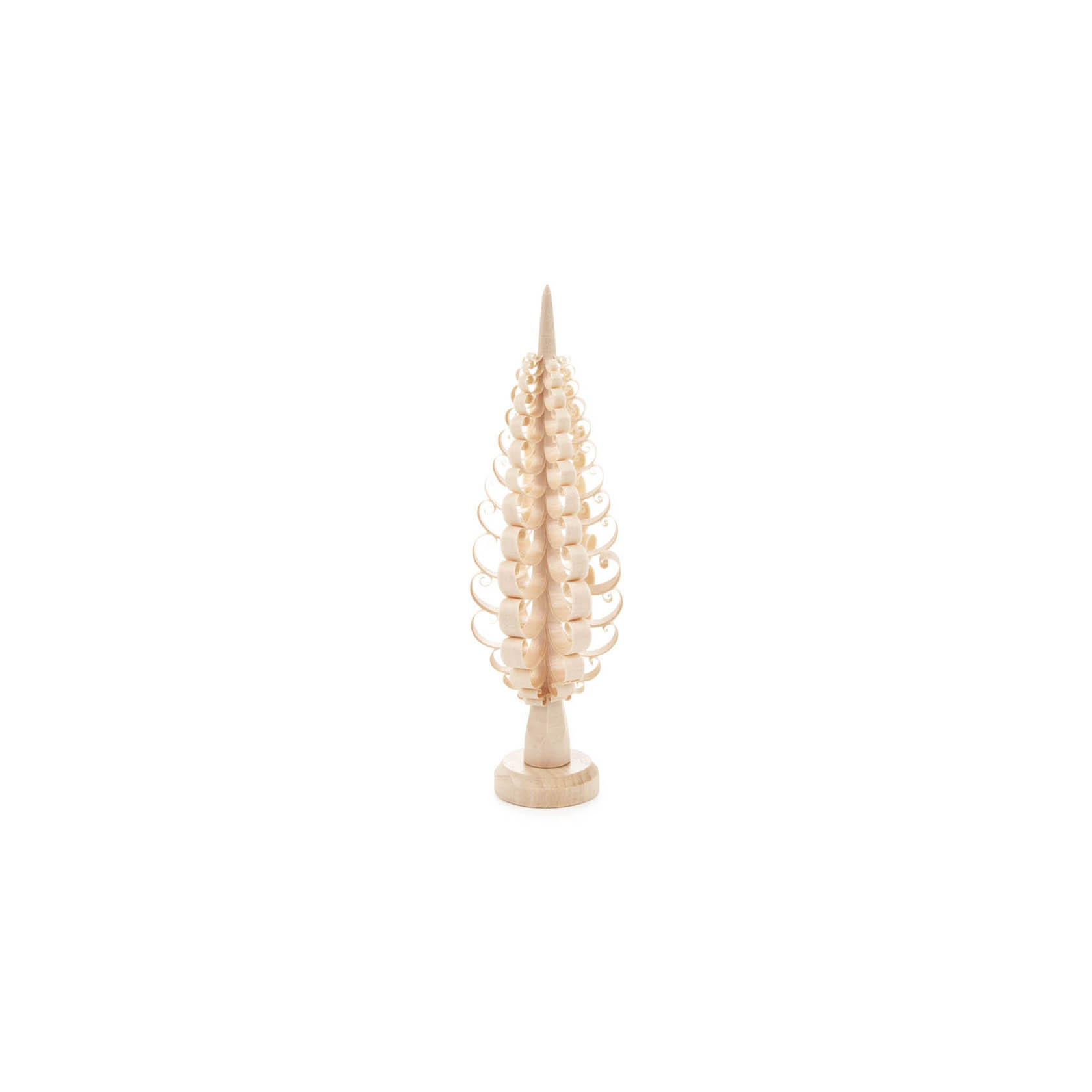 Ein 14 cm hoher Spanbaum aus hellem Naturholz, bestehend aus geschwungenen Blättern, die sich spiralförmig um einen zentralen Stamm anordnen. im Dregeno Online Shop günstig kaufen