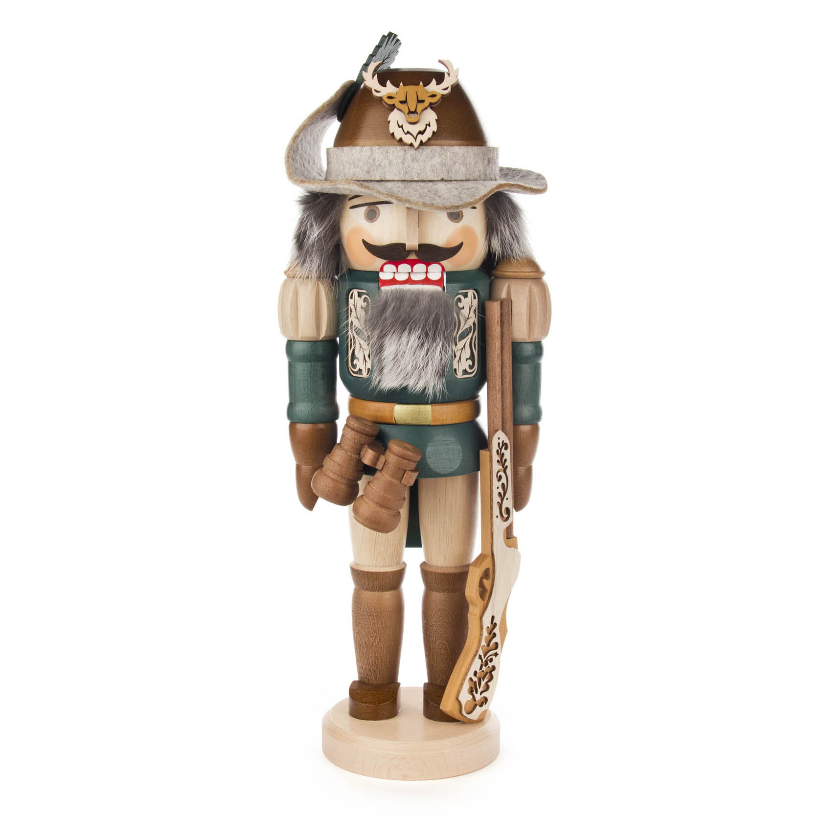 Nussknacker in Försterkleidung, 40cm groß, mit grünem Hut und Jacke, Bart und Gewehr in der Hand. im Dregeno Online Shop günstig kaufen