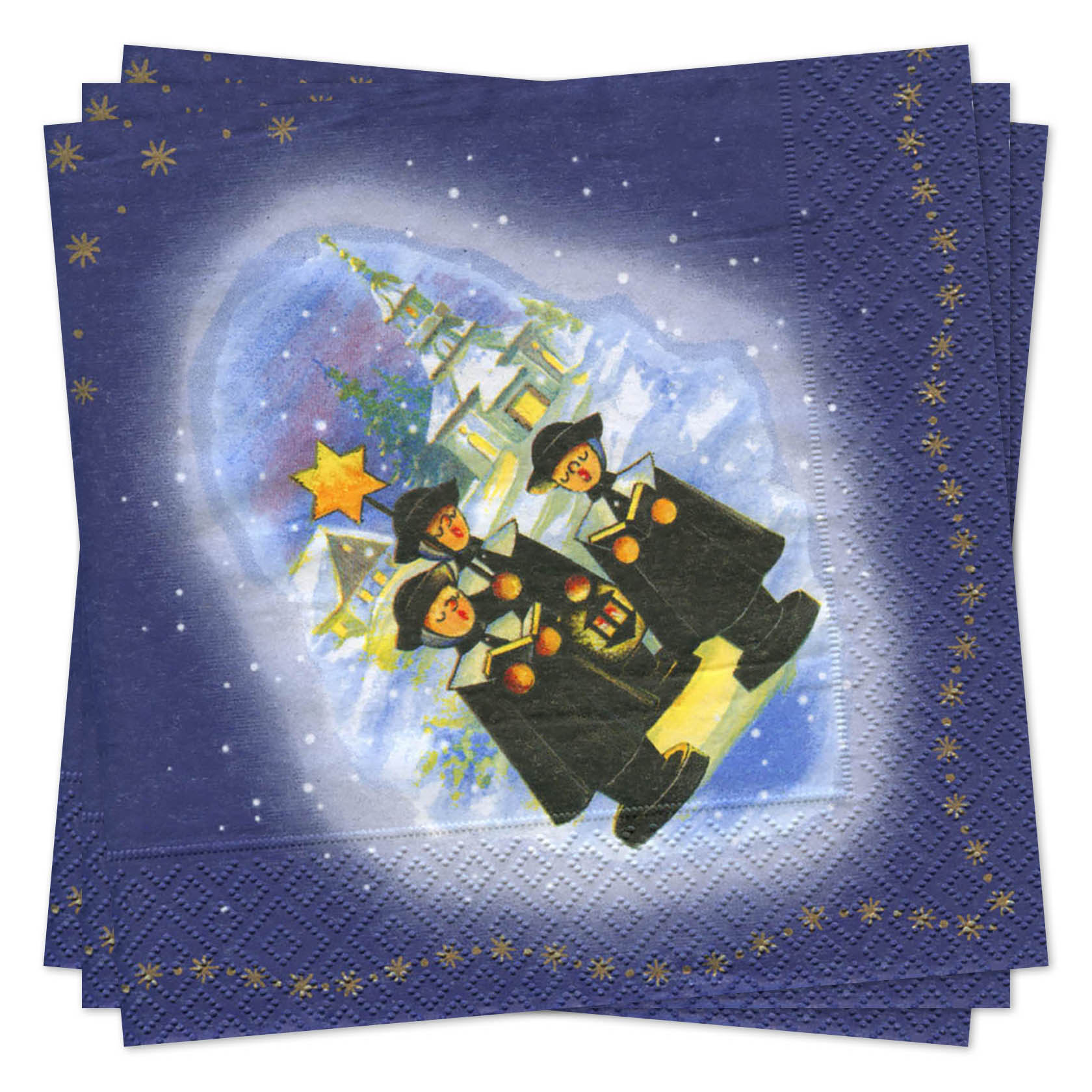 Servietten mit Weihnachtsmotiv zeigen drei singende Kurrende-Sänger vor einer winterlichen Kulisse mit Sternen und einer Kirche. im Dregeno Online Shop günstig kaufen