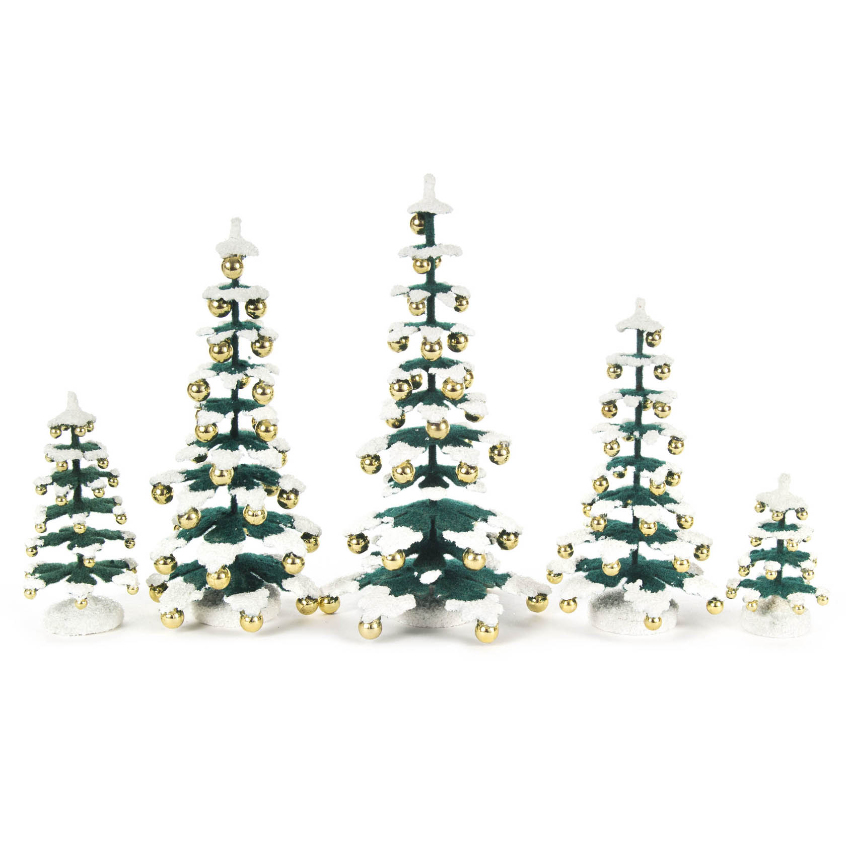 Fünf künstliche Tannenbäume in unterschiedlicher Größe, dekoriert mit schneebedeckten Spitzen und goldenen Kugeln. Größen: 5,5cm, 8cm, 12cm, 14cm, 15cm. im Dregeno Online Shop günstig kaufen