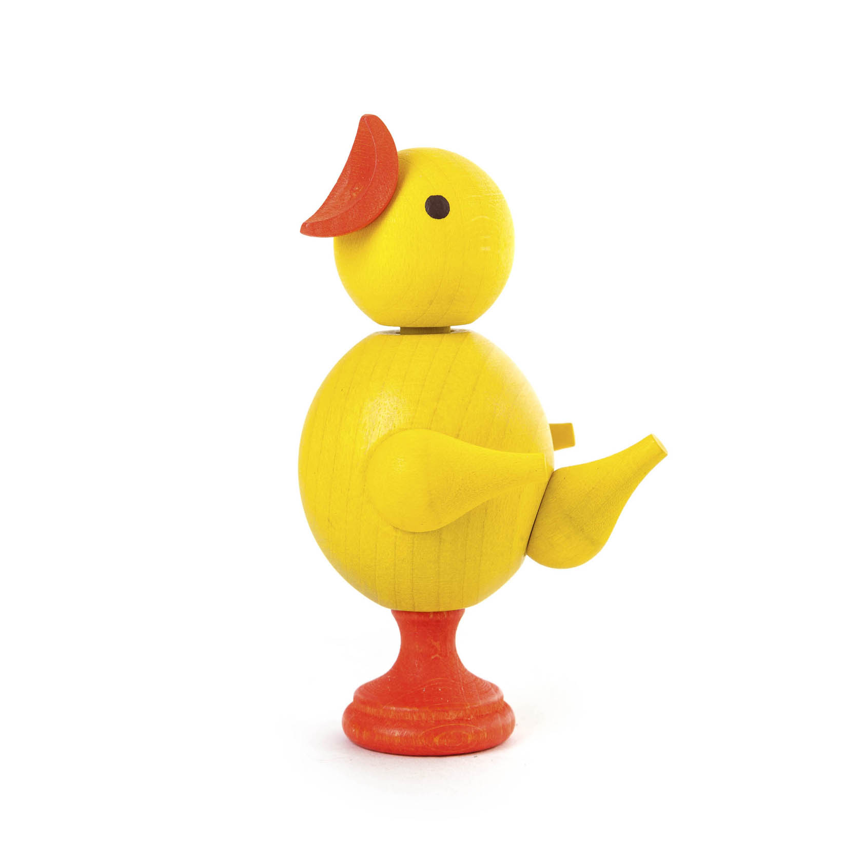 Bunte Holzfigur eines Küken, gelber Körper und Kopf, roter Schnabel und Füße, mit schwarzem Punkt als Auge. im Dregeno Online Shop günstig kaufen