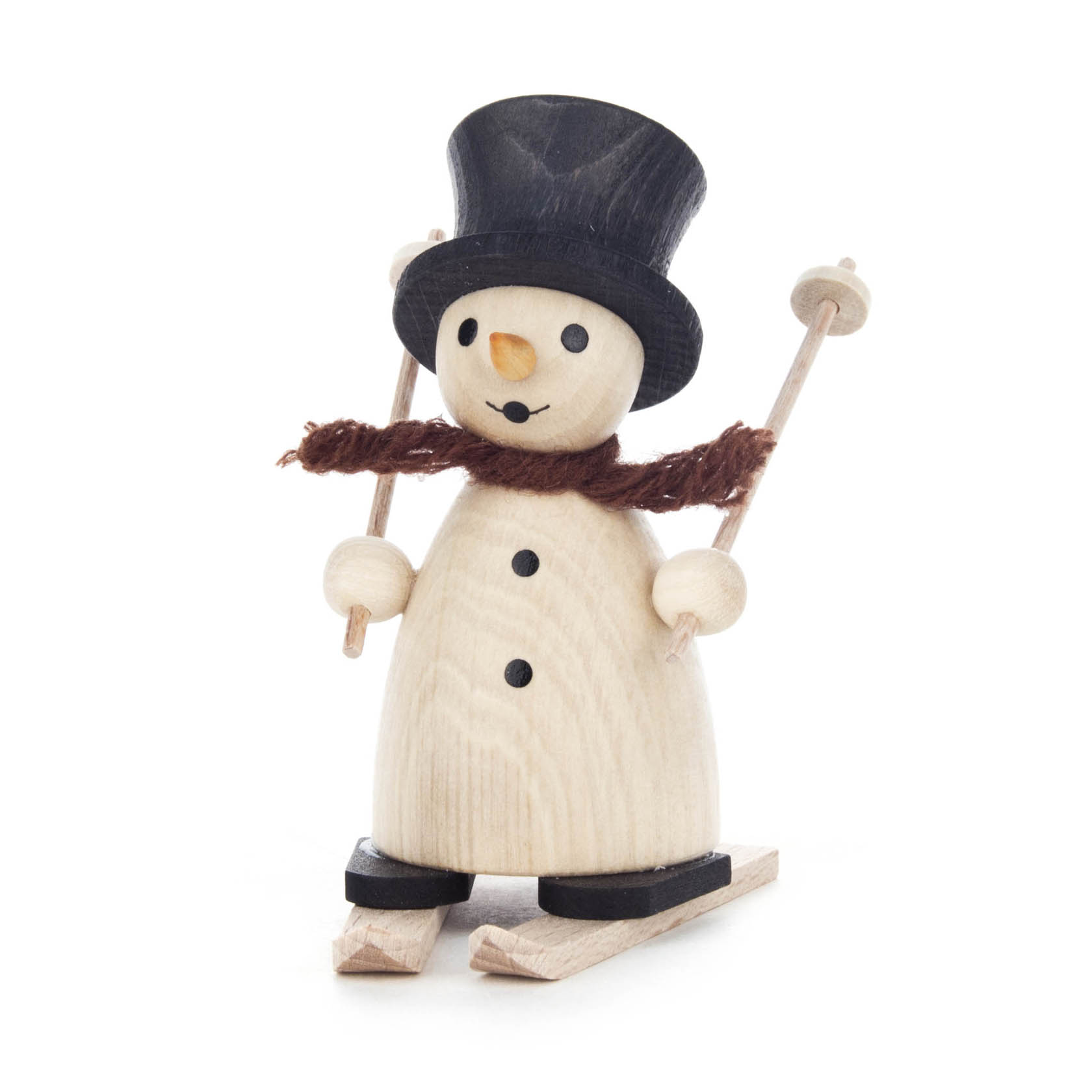 Ein hölzerner Schneemann mit schwarzem Zylinder, braunem Schal, hält Skistöcke in den Händen und steht auf Skiern. im Dregeno Online Shop günstig kaufen