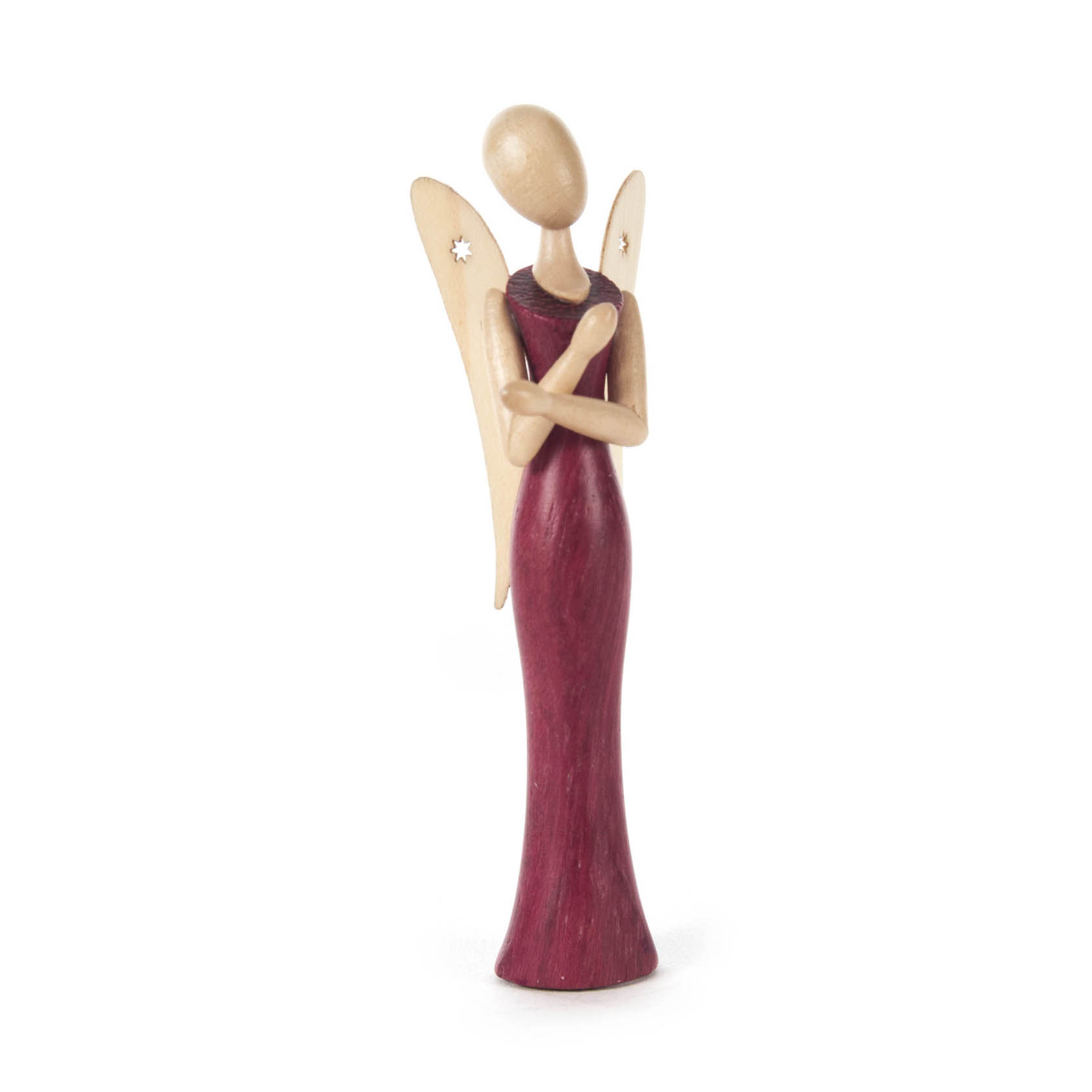 Kleine Engel-Figur mit glattem, ovalem Kopf, ohne Gesichtszüge, in einem langen, purpurfarbenem Kleid mit goldenen Flügeln. im Dregeno Online Shop günstig kaufen