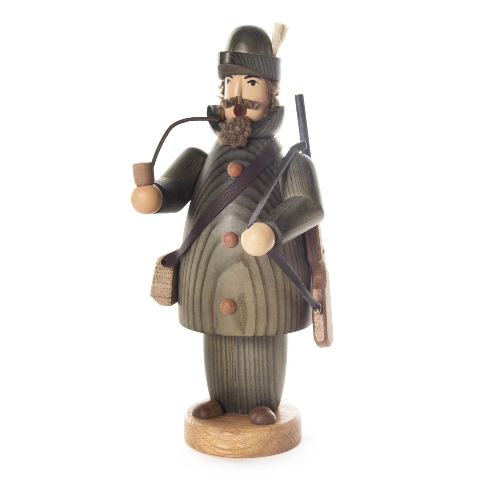 Holzräuchermann in Form eines Jägers mit Pfeife und Gewehr, grüne Kleidung und braune Umhängetasche. im Dregeno Online Shop günstig kaufen