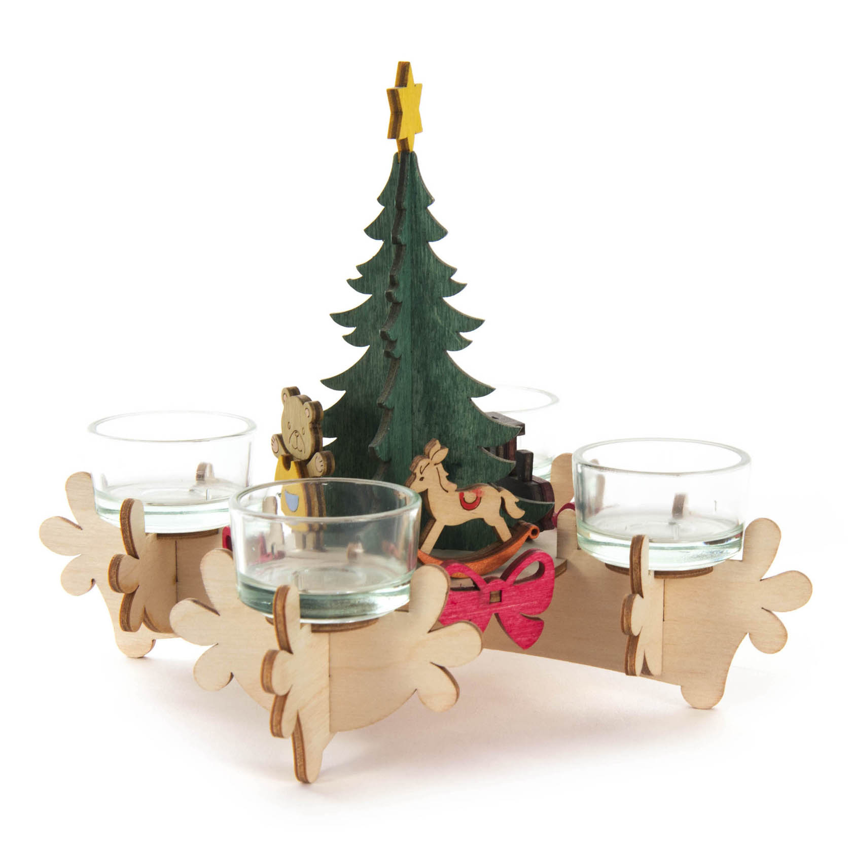 Wooden advent candle holder with a central green Christmas tree, star on top, four glass tealight holders, figures of a teddy bear and a sleigh.