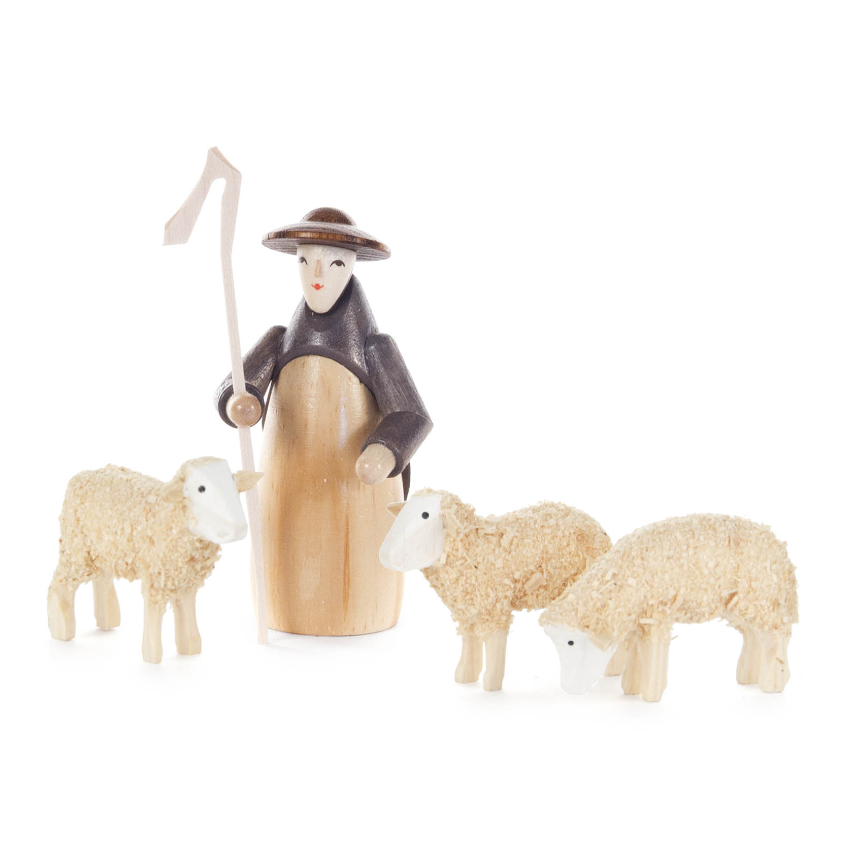 Holzfigur eines Schäfers mit Hut und Stock, begleitet von drei Schafen. im Dregeno Online Shop günstig kaufen