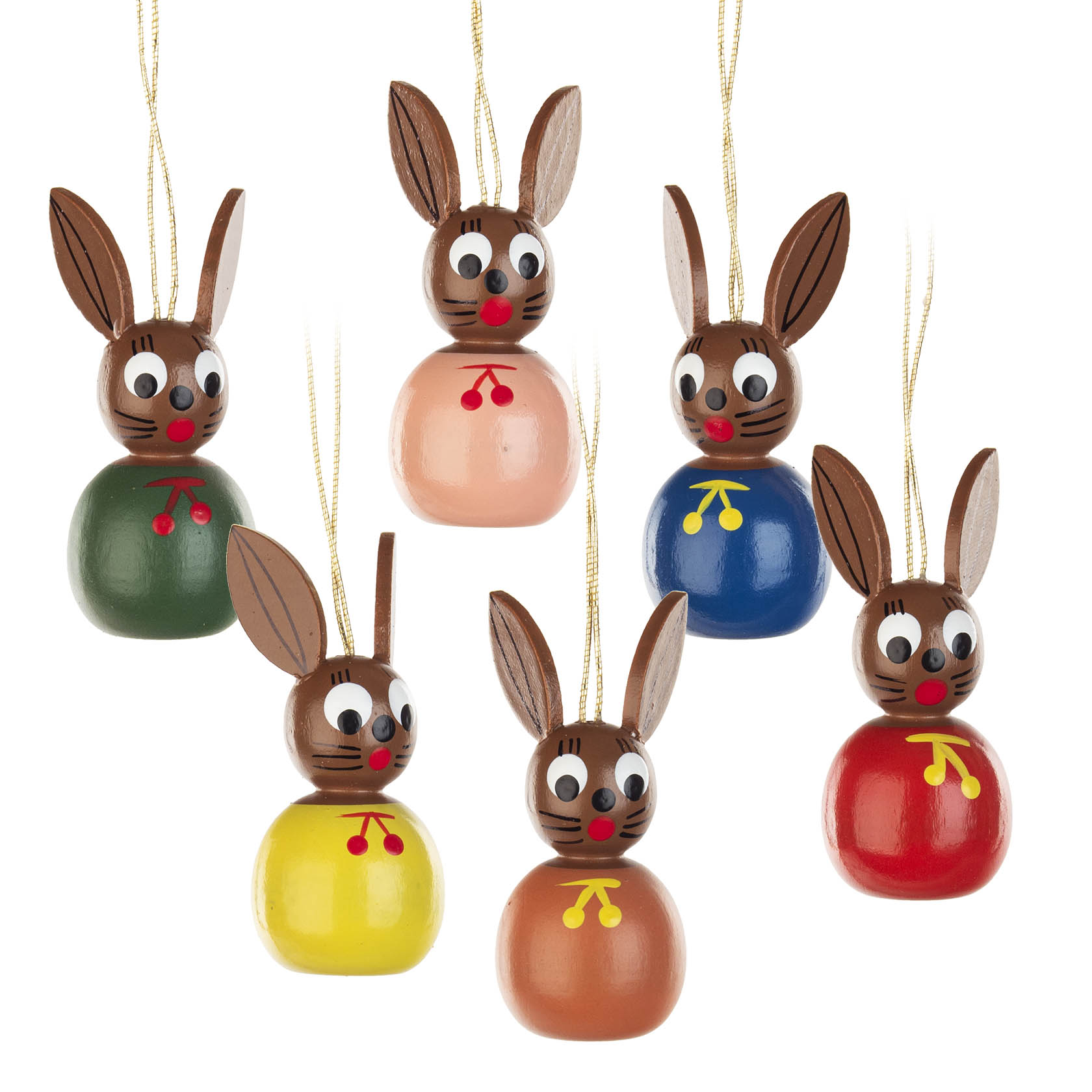 Sechs hängende Osterhasenfiguren mit großen Ohren, bemalten Gesichtern und bunten Körpern in grün, rosa, blau, gelb und rot. im Dregeno Online Shop günstig kaufen