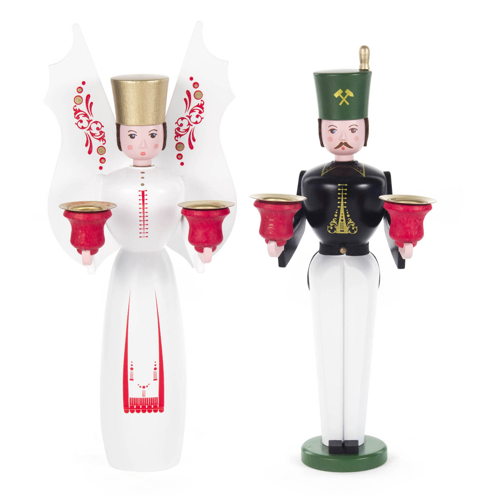 Ein traditioneller erzgebirgischer Engel in weiß mit goldener Krone und rotem Kerzenhalter sowie ein Bergmann in schwarzer Uniform mit goldener Mütze. im Dregeno Online Shop günstig kaufen
