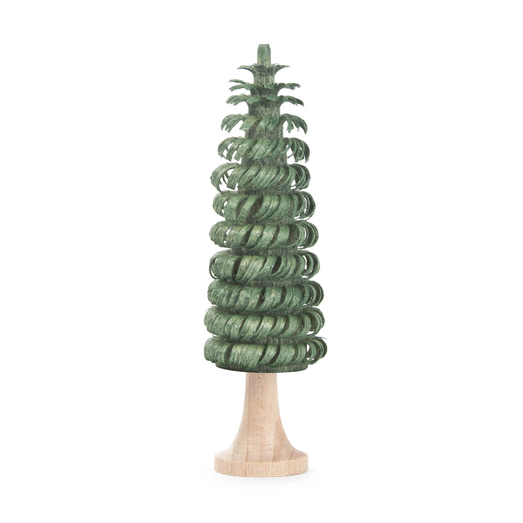 Ein dekorativer grüner Ringelbaum aus Holz, 8 cm hoch, mit einem spiralförmigen Design auf einem hölzernen Stamm. im Dregeno Online Shop günstig kaufen