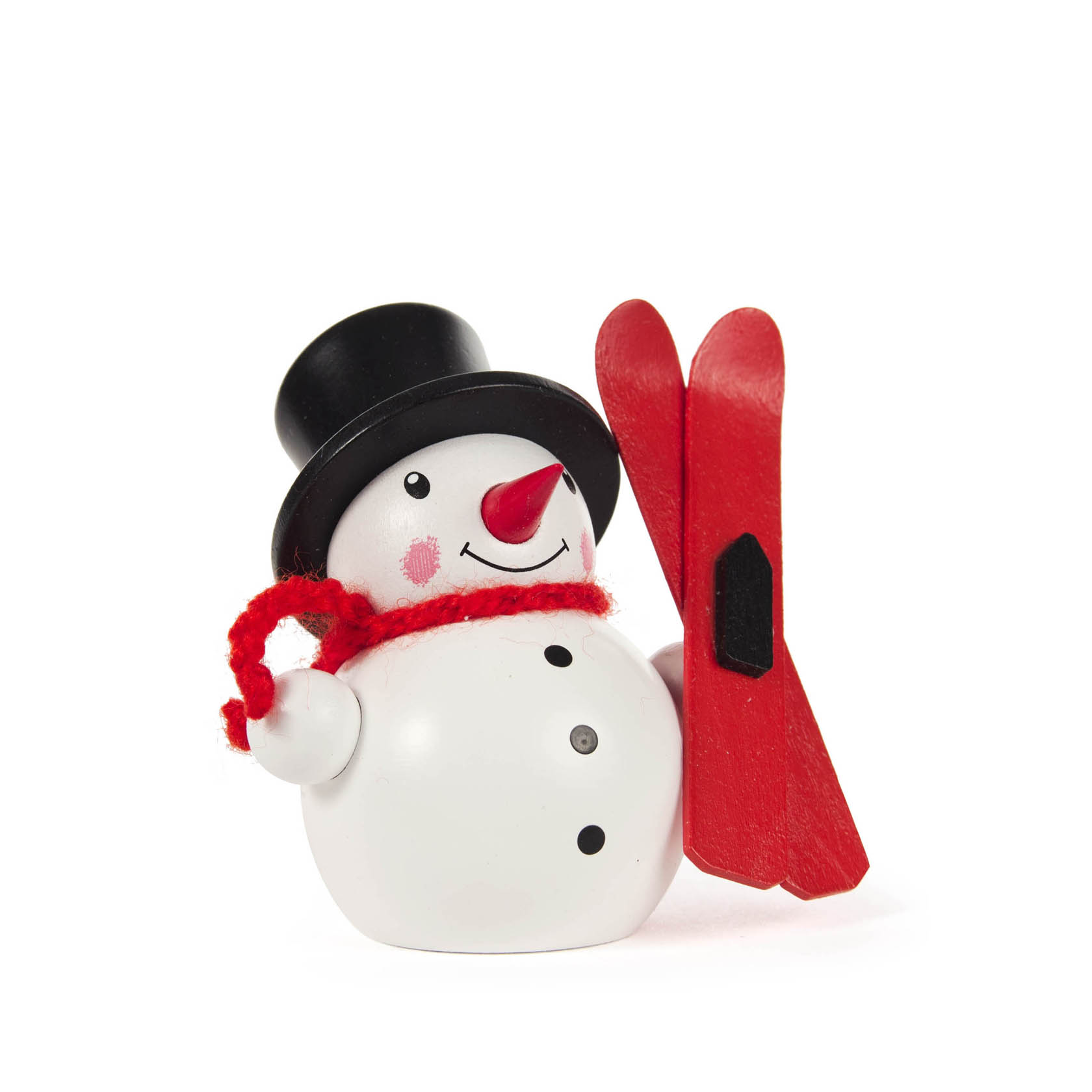 Kleiner Schneemann aus Holz, trägt einen schwarzen Zylinder und roten Schal, hält rote Skier in der Hand. im Dregeno Online Shop günstig kaufen