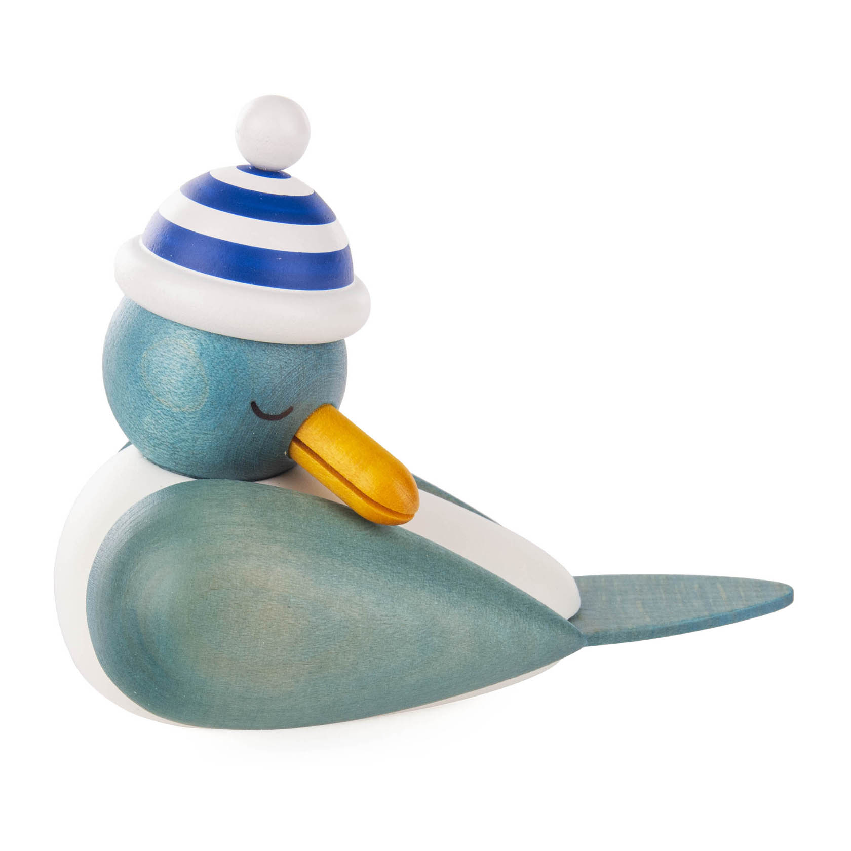 Eine schlafende Möwe aus Holz, bemalt in Blau, mit geschlossenen Augen und einer blauen Ringelmütze. im Dregeno Online Shop günstig kaufen