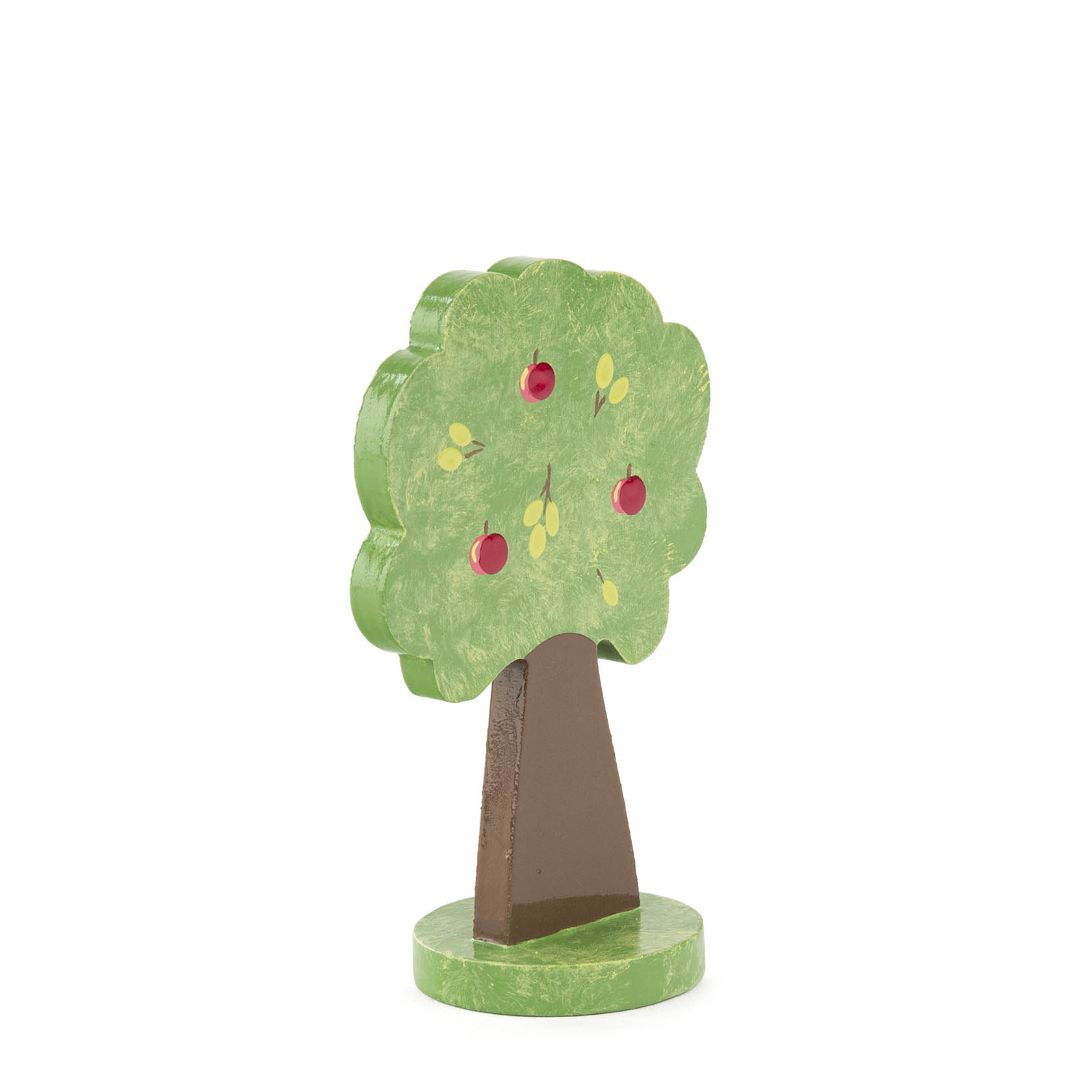 Kleiner, flacher, bemalter Holzapfelbaum mit grünen Blättern und roten Äpfeln, 8,5 cm hoch.