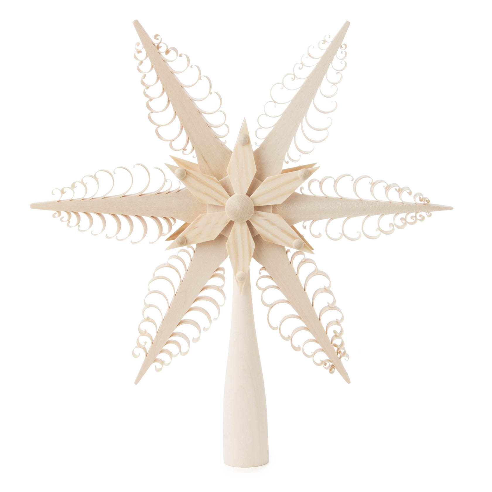 Großer Holzstern als Christbaumspitze mit dekorativen Sperrrad-verzierten Strahlen und einem zentralen Sternmuster. im Dregeno Online Shop günstig kaufen