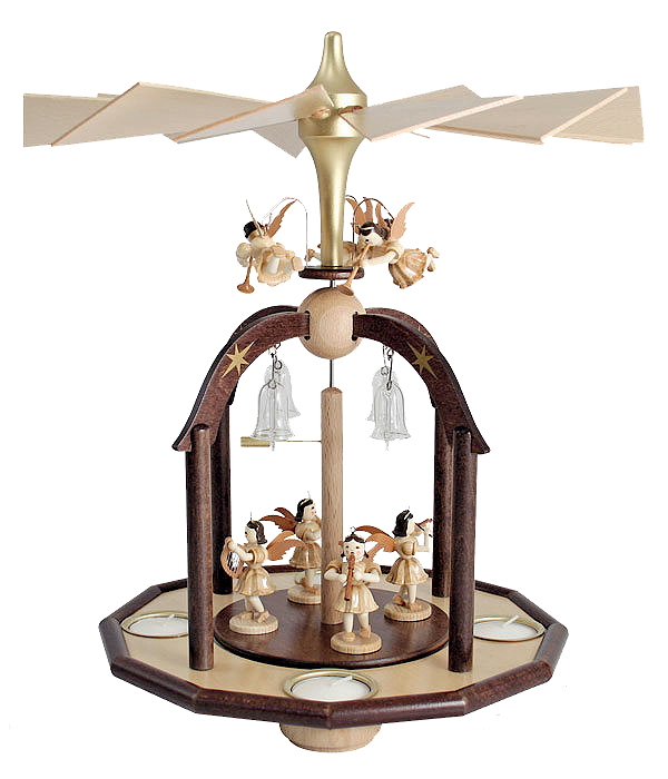 Holzpyramide mit sieben Engeln und Glasglocken, angetrieben von einem Propeller. Unten Kerzenhalter für Teelichte. im Dregeno Online Shop günstig kaufen