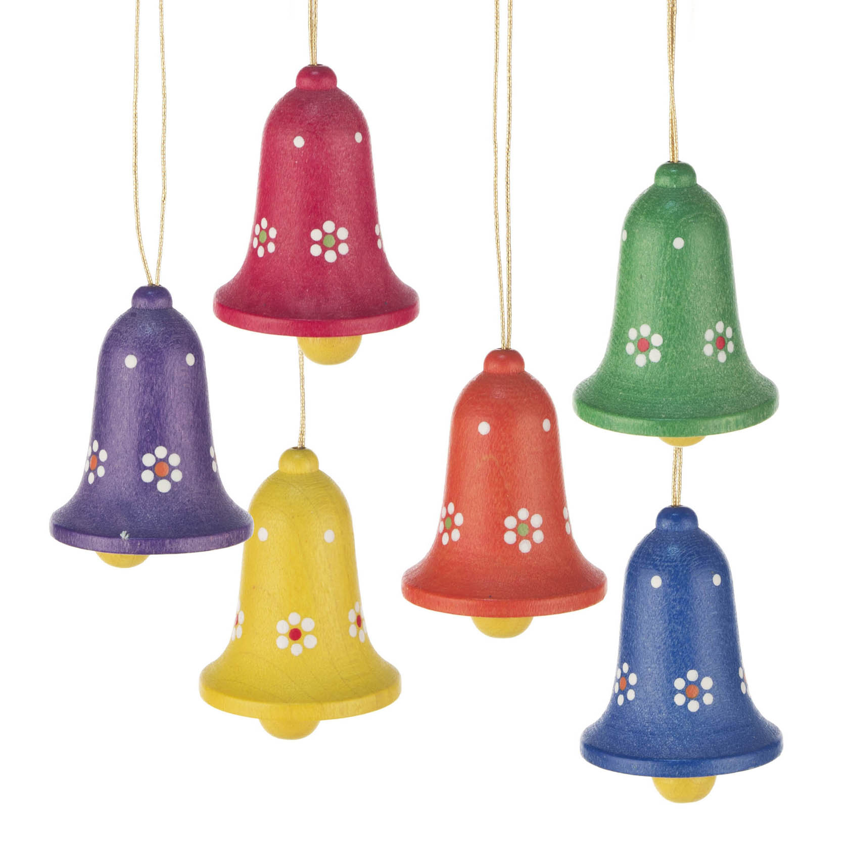 Sechs bemalte Holz-Glocken in verschiedenen Farben mit weißen Blumenmotiven, aufgehängt an goldenen Fäden. im Dregeno Online Shop günstig kaufen