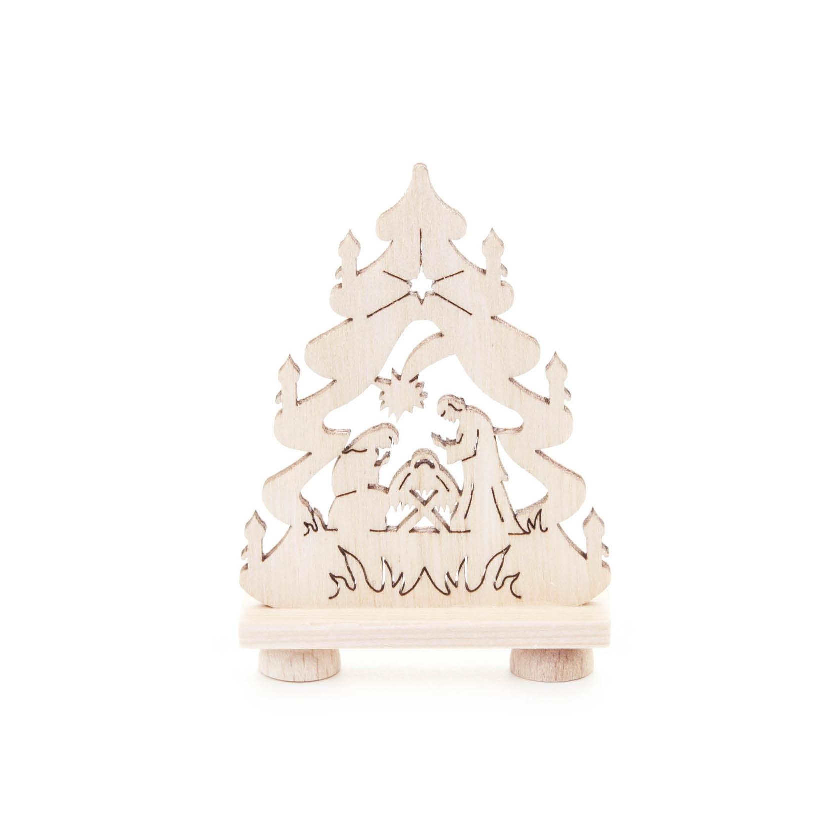 Holzdekoration in Form einer Mini-Tanne mit geschnitzter Darstellung der Geburt Christi: Maria, Josef und Jesuskind. im Dregeno Online Shop günstig kaufen