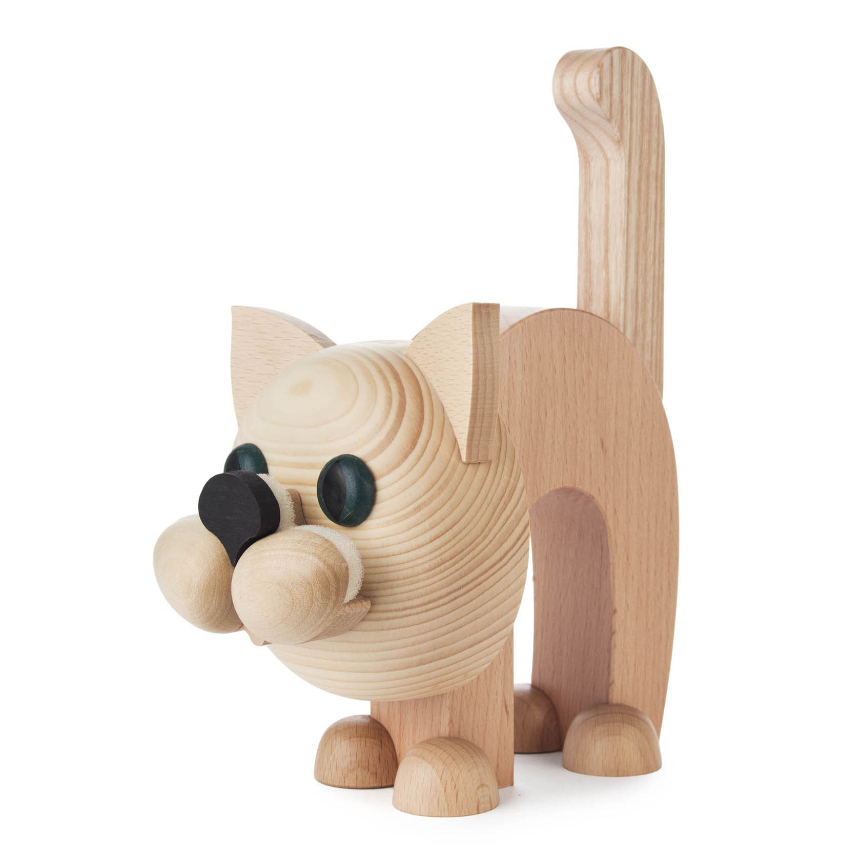 Holzfigur einer Katze, die als Brillenhalter dient. Die Katze hat große runde Augen und ein markantes Gesicht aus Holz. im Dregeno Online Shop günstig kaufen