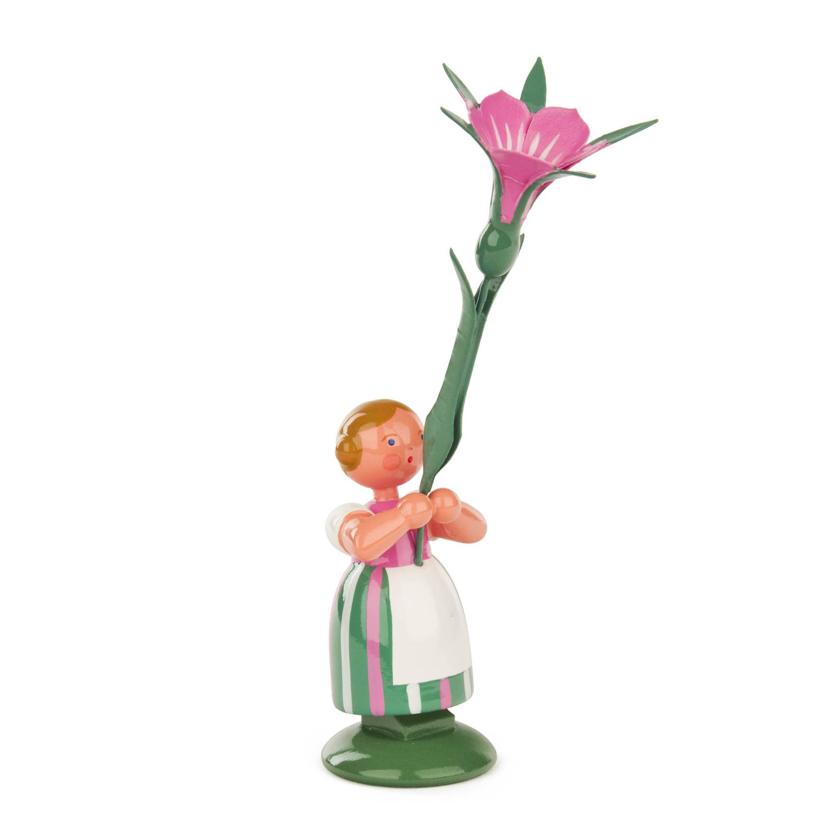 Eine Holzfigur eines Mädchens mit braunen Haaren in einem weißen Kleid mit grünen Streifen, das eine große rosa Winde hochhält. im Dregeno Online Shop günstig kaufen