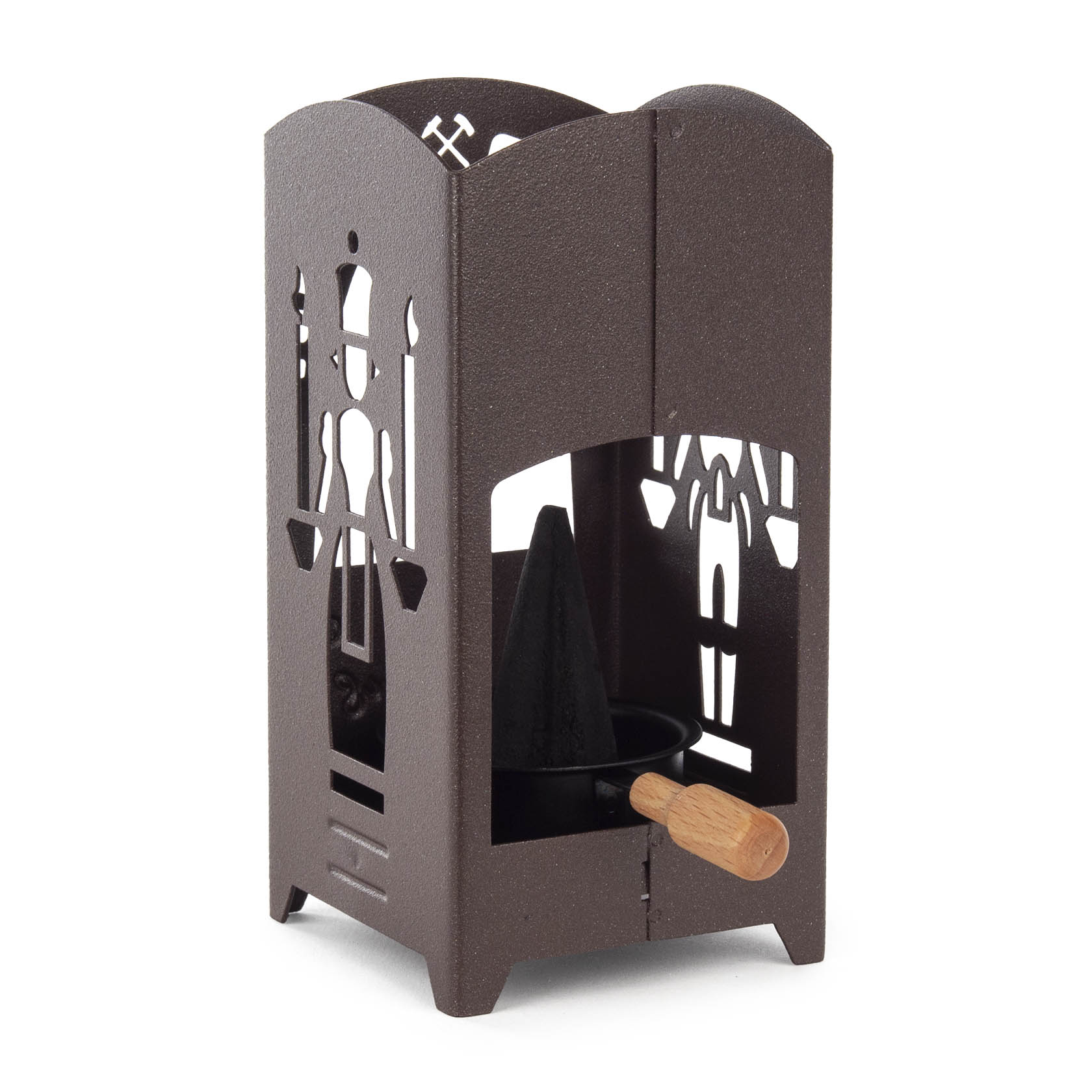 Gray-brown incense lantern with cut-out figures of a miner and angel, designed for various incense cone sizes. Includes an ash tray and tealight holder. im Dregeno Online Shop günstig kaufen