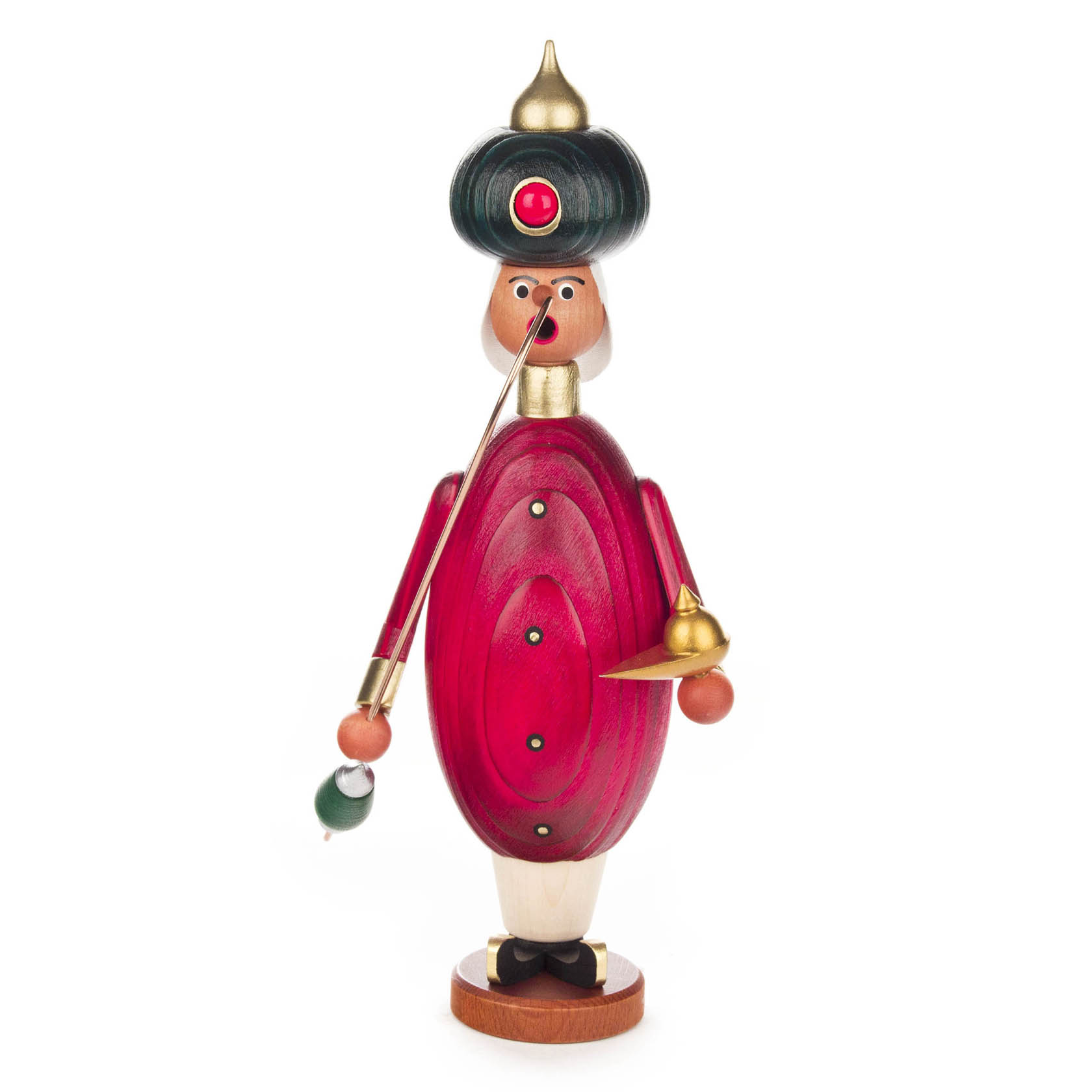 Kunstvoller Räuchermann in Form eines orientalischen Aladin, trägt roten Umhang, goldene und grüne Verzierungen, hält Lampe und Pfeife.