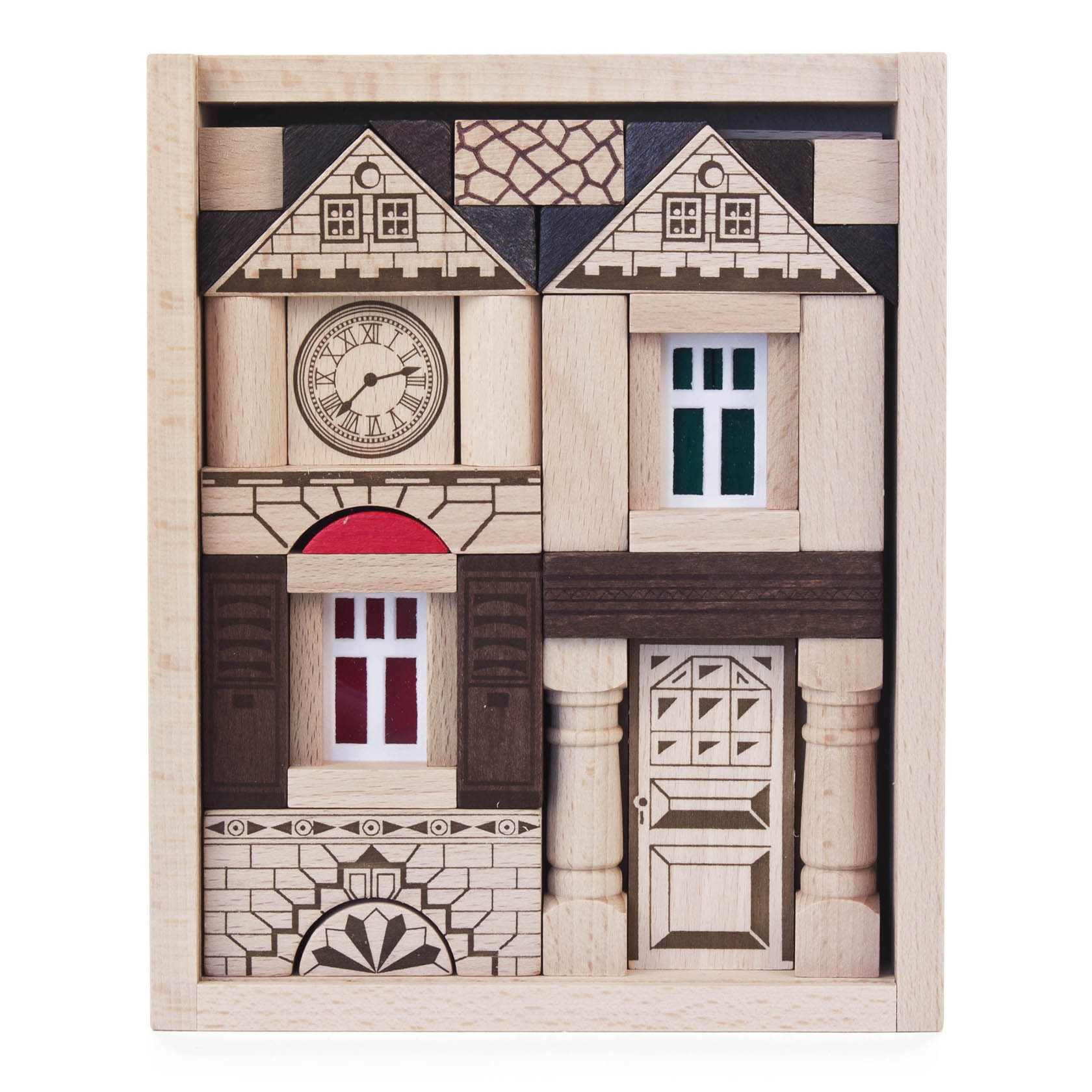 Holz-Baukasten mit detaillierten Elementen, darunter Uhr mit römischen Ziffern, Tür mit dekorativer Gravur und farbige Fenster. Enthält Bausteine in architektonischen Formen. im Dregeno Online Shop günstig kaufen