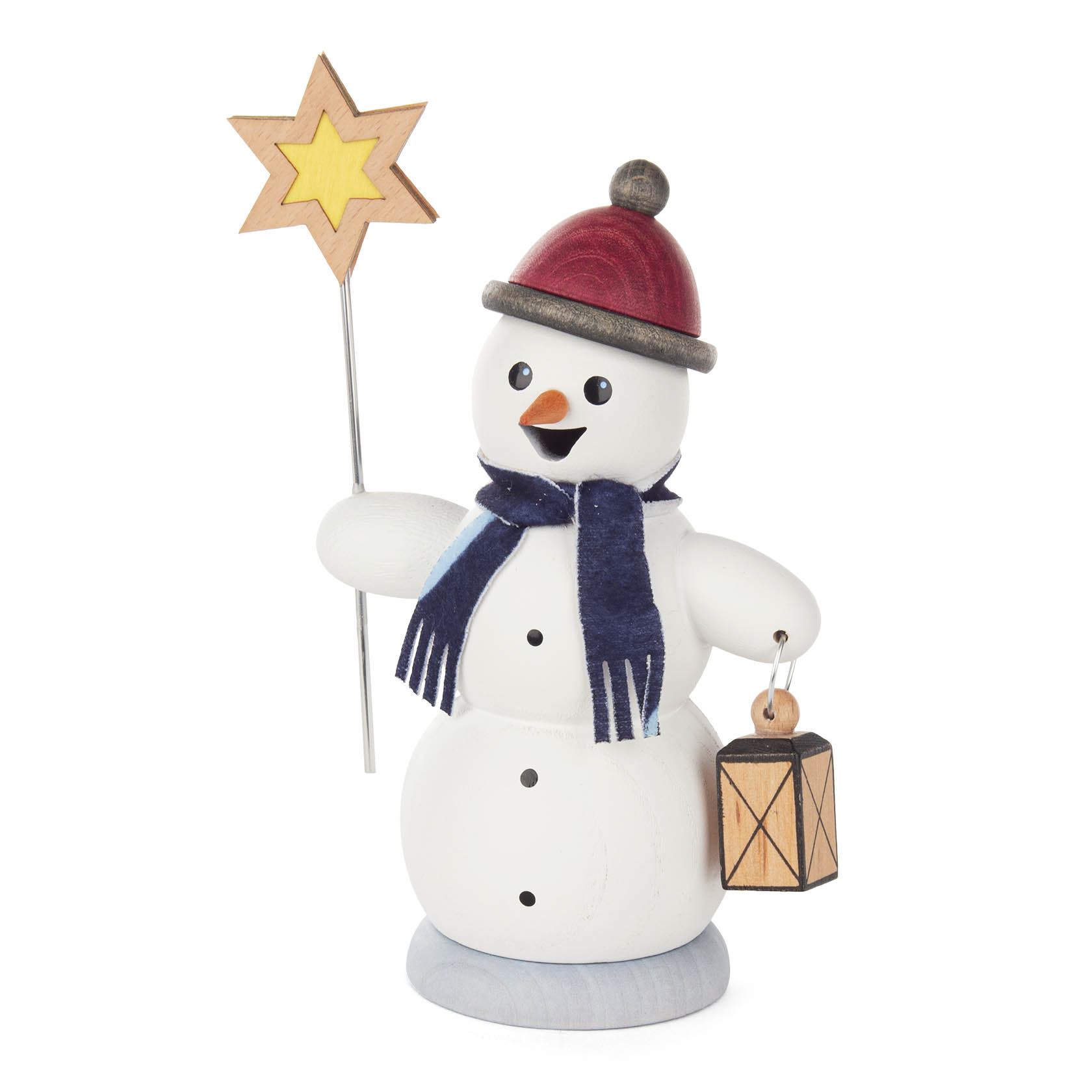Holzräuchermann als Schneemann gestaltet, trägt blaue Mütze und Schal, hält eine Laterne und einen Sternstab in den Händen.