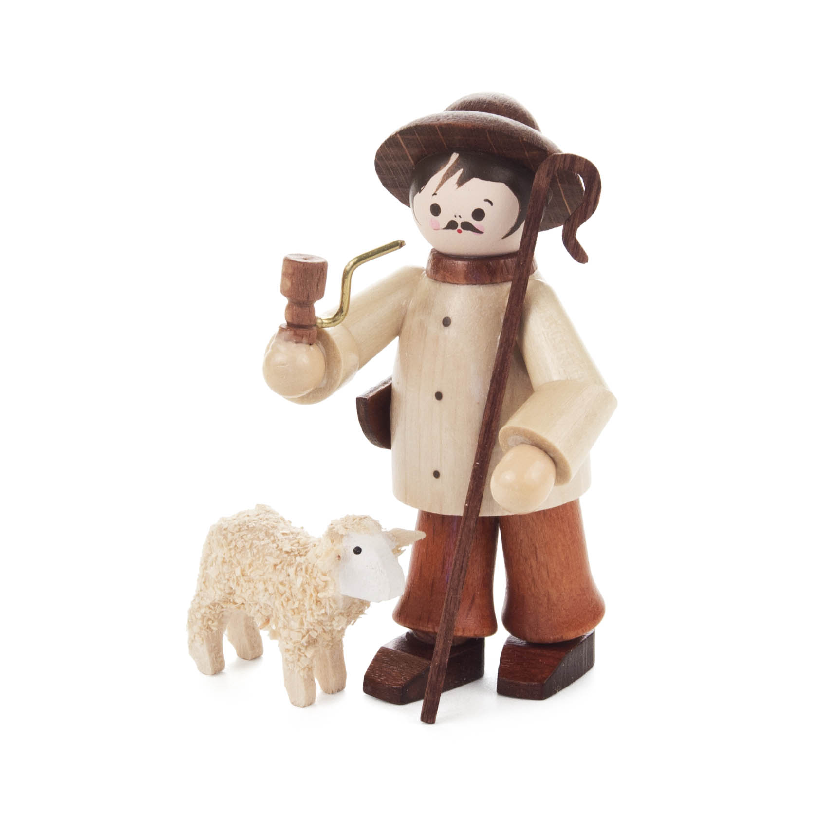 Holzfigur eines Hirten mit braunem Hut, Pfeife, Stock und Schaf an seiner Seite. im Dregeno Online Shop günstig kaufen