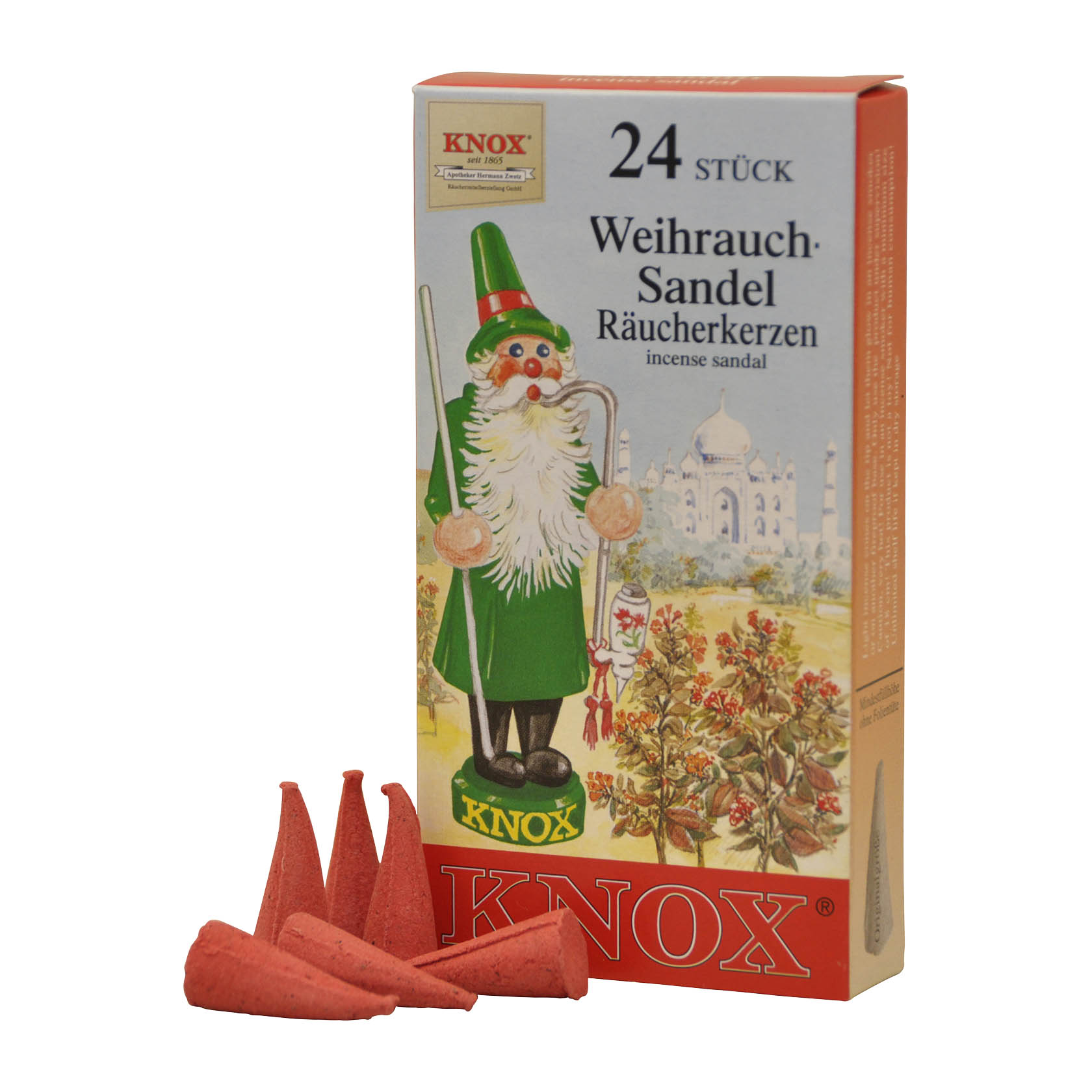Verpackung von KNOX Weihrauch-Sandel Räucherkerzen mit gezeichnetem Weihnachtsmann. Drei rote Räucherkerzen mit Rauch stehen daneben. im Dregeno Online Shop günstig kaufen