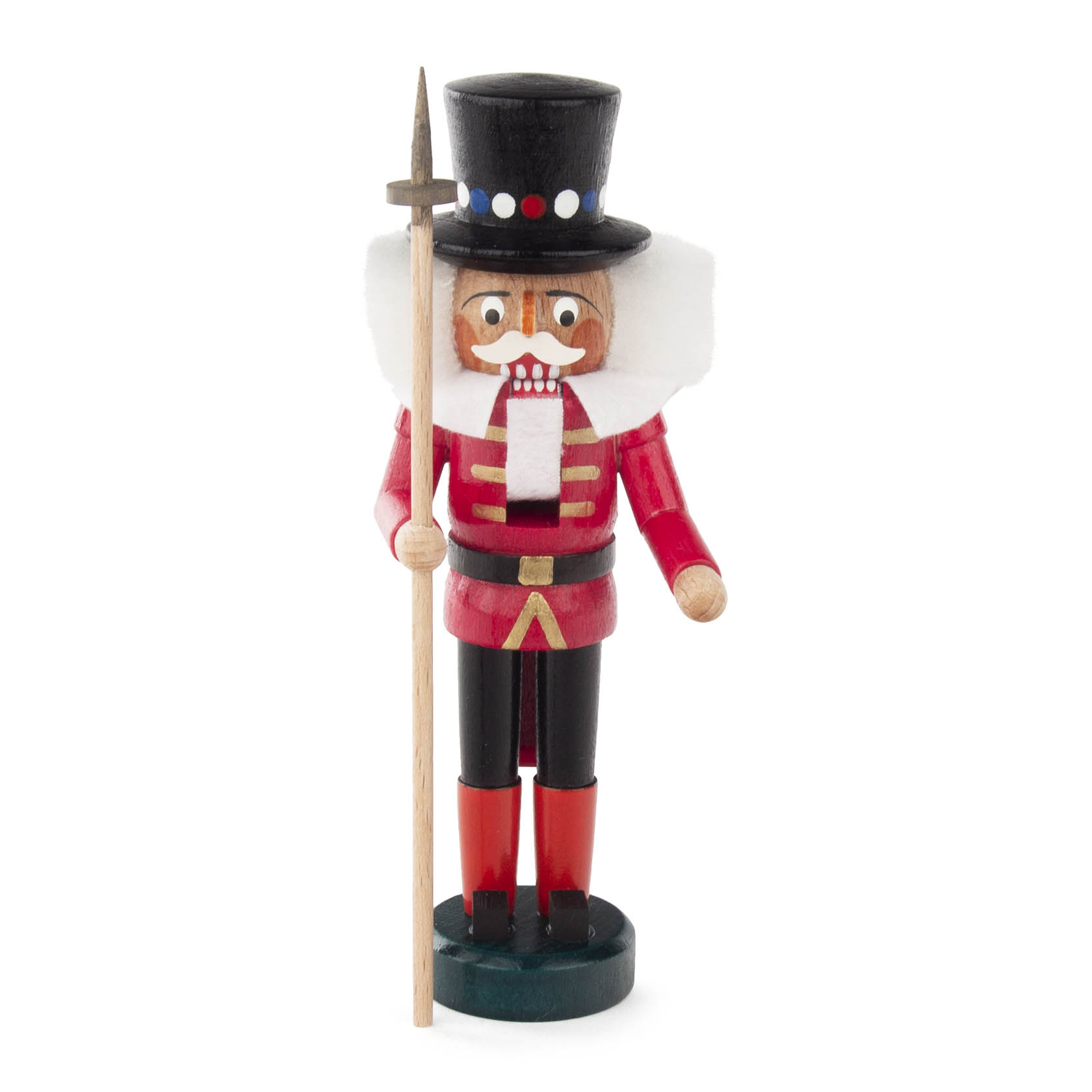 A miniature Beefeater nutcracker wearing a red uniform, black pants, and high boots, holding a spear and adorned with a white ruff around the neck. im Dregeno Online Shop günstig kaufen