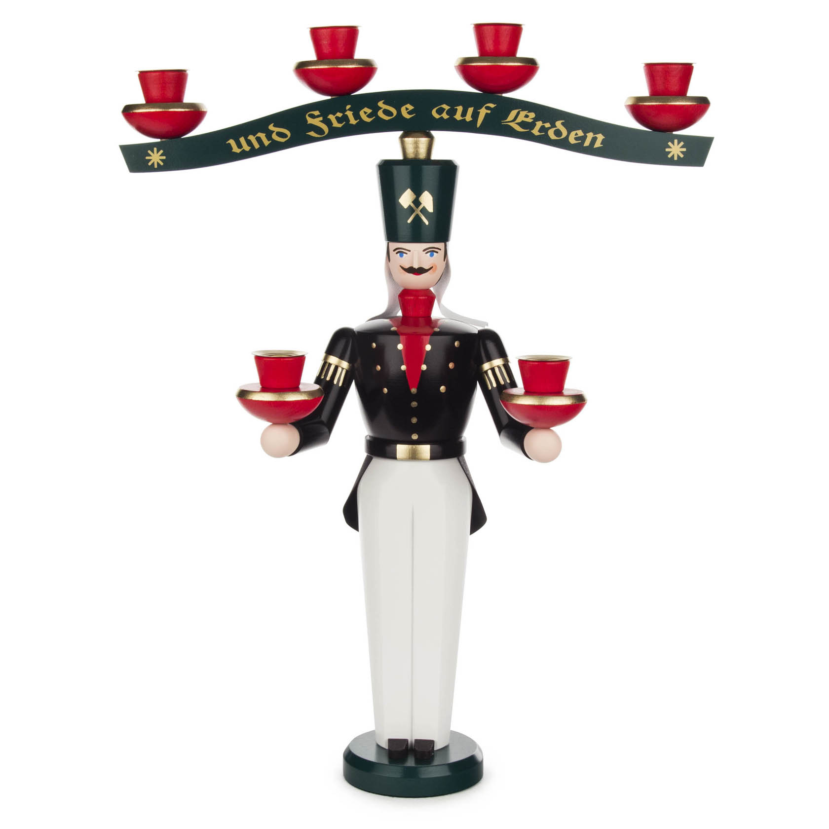 A wooden miner holding a yoke with five red candle holders, wearing traditional black and white attire with golden details and a green hat. im Dregeno Online Shop günstig kaufen