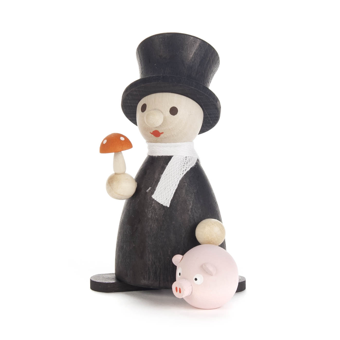 Holzfigur eines Schornsteinfegers mit Zylinder und weißem Schal, hält einen kleinen Fliegenpilz in einer Hand. Ein rosafarbenes Schweinchen liegt daneben. im Dregeno Online Shop günstig kaufen
