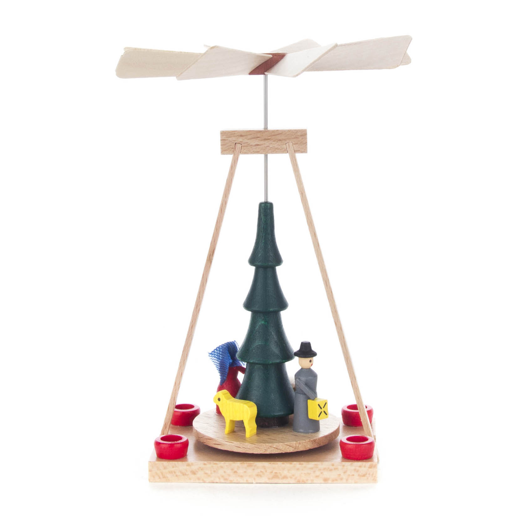 Holzpyramide mit einem Weihnachtsbaum, umliegenden Tierfiguren und einer menschengestalteten Figur mit Zylinder. Oben ist ein offenes Flügelrad. im Dregeno Online Shop günstig kaufen