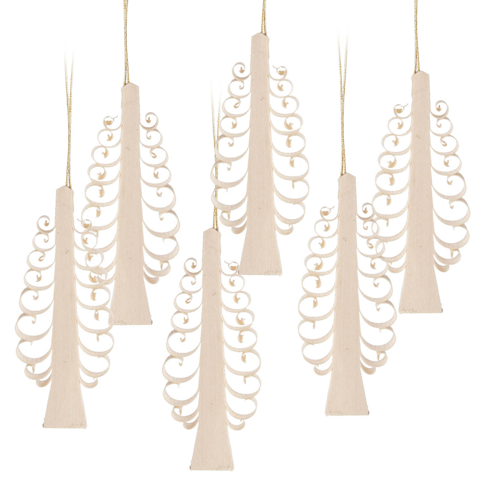 Sechs flache, handgefertigte Weihnachtsbaumanhänger aus Holz in Form eines Spanbaums, mit spiralförmigen Astdesigns und goldenen Aufhängeschnüren. im Dregeno Online Shop günstig kaufen