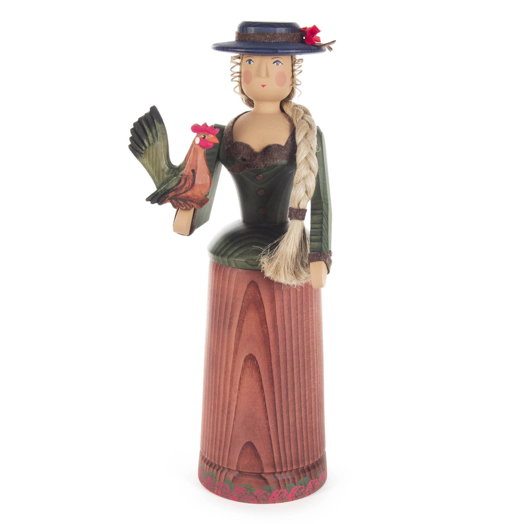 Holzkonstruktion einer Frau mit langem, geflochtenem Zopf in traditioneller Kleidung. Sie trägt einen Hahn auf der rechten Hand. im Dregeno Online Shop günstig kaufen