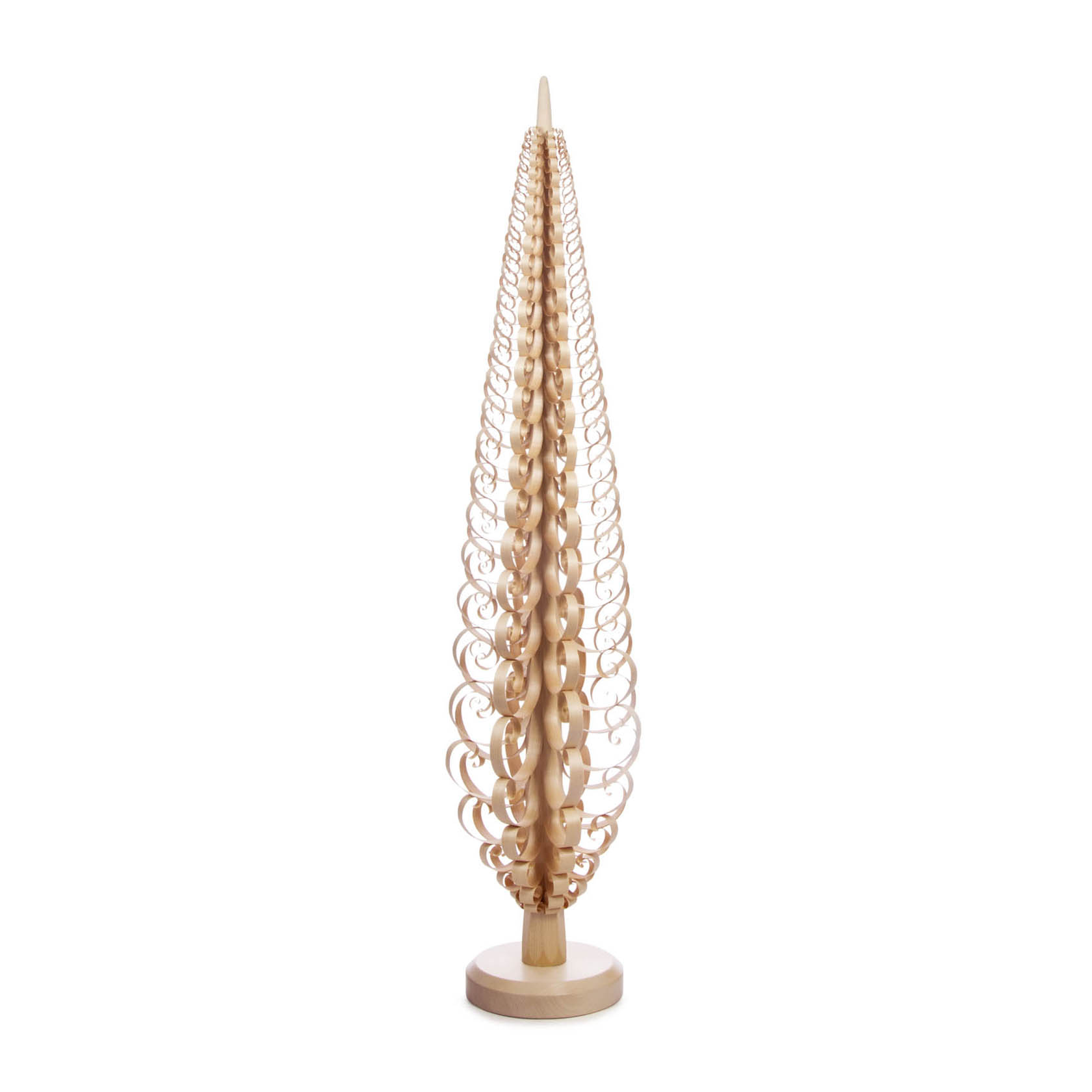 Ein 100 cm hoher natürlicher Spanbaum, bestehend aus spiralförmig angeordneten Holzspänen, die von einer Spitze nach unten verlaufen. im Dregeno Online Shop günstig kaufen