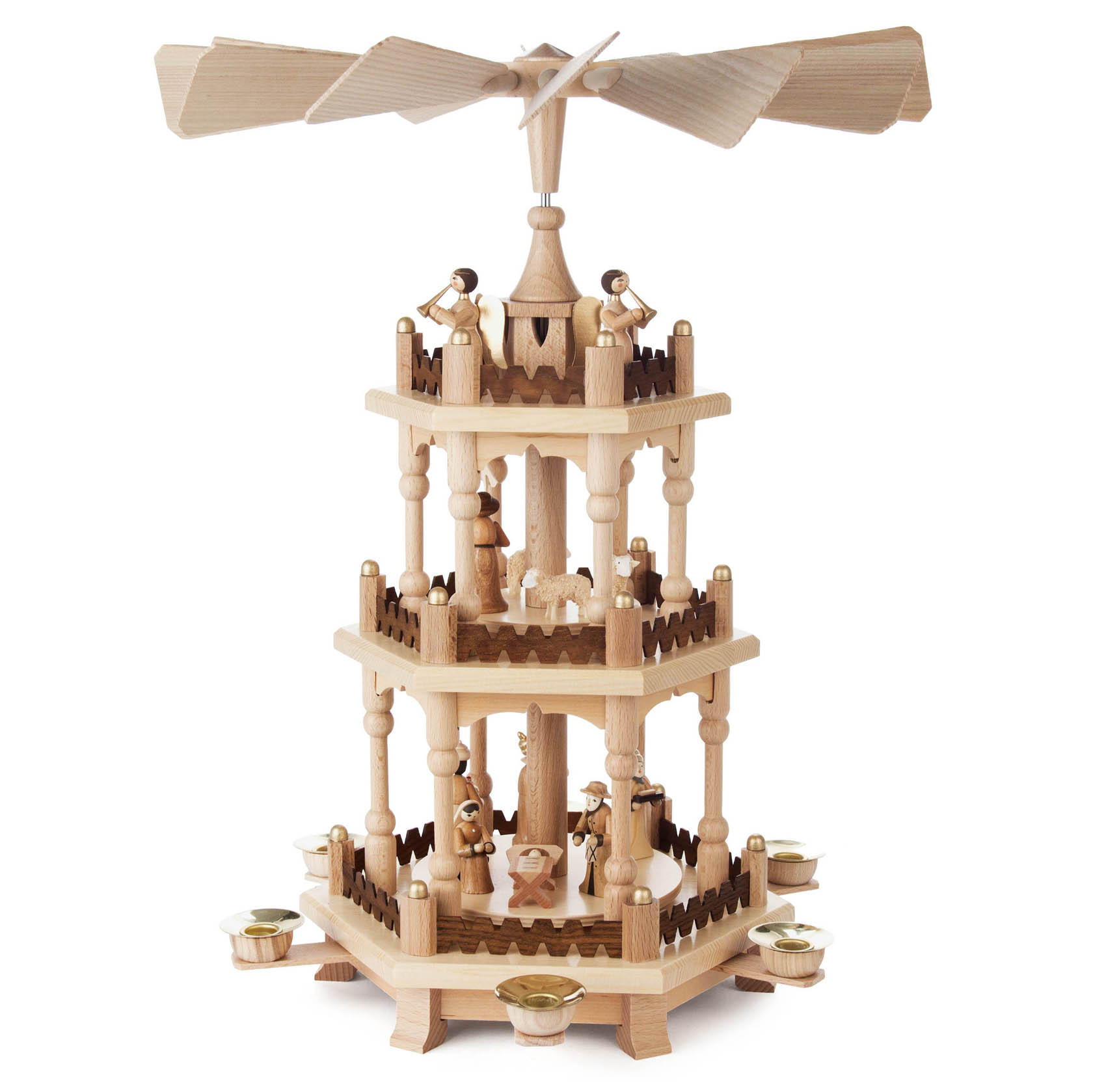 Zweistöckige hölzerne Weihnachtspyramide mit Figuren der Christi Geburt, mit Flügelrad oben und Kerzenhaltern an der Basis. im Dregeno Online Shop günstig kaufen