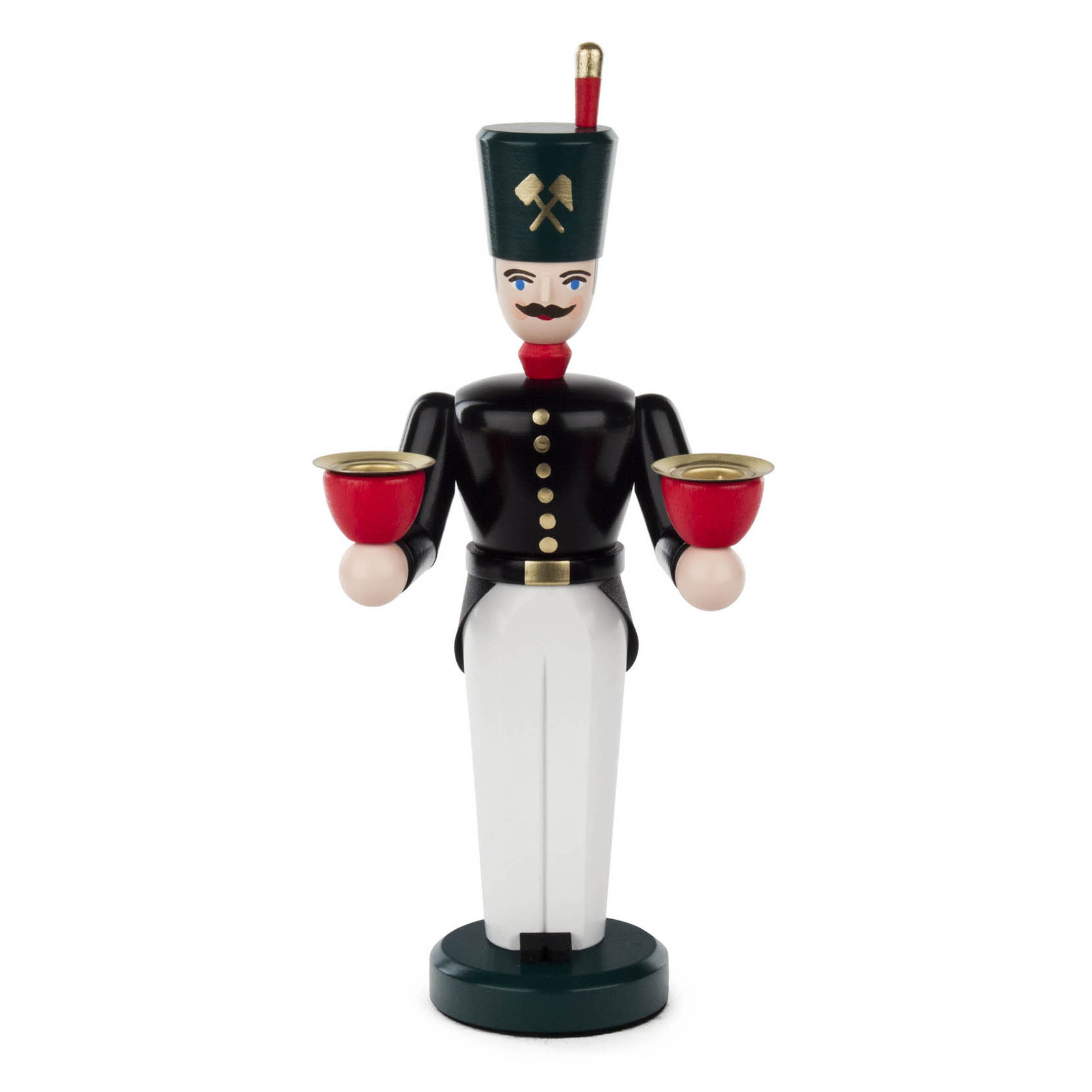 Holzfigur eines Bergmanns in traditioneller Uniform mit schwarzem Hut, schwarzen Jacke und weißen Hosen, hält zwei rote Kerzenhalter in den Händen. im Dregeno Online Shop günstig kaufen