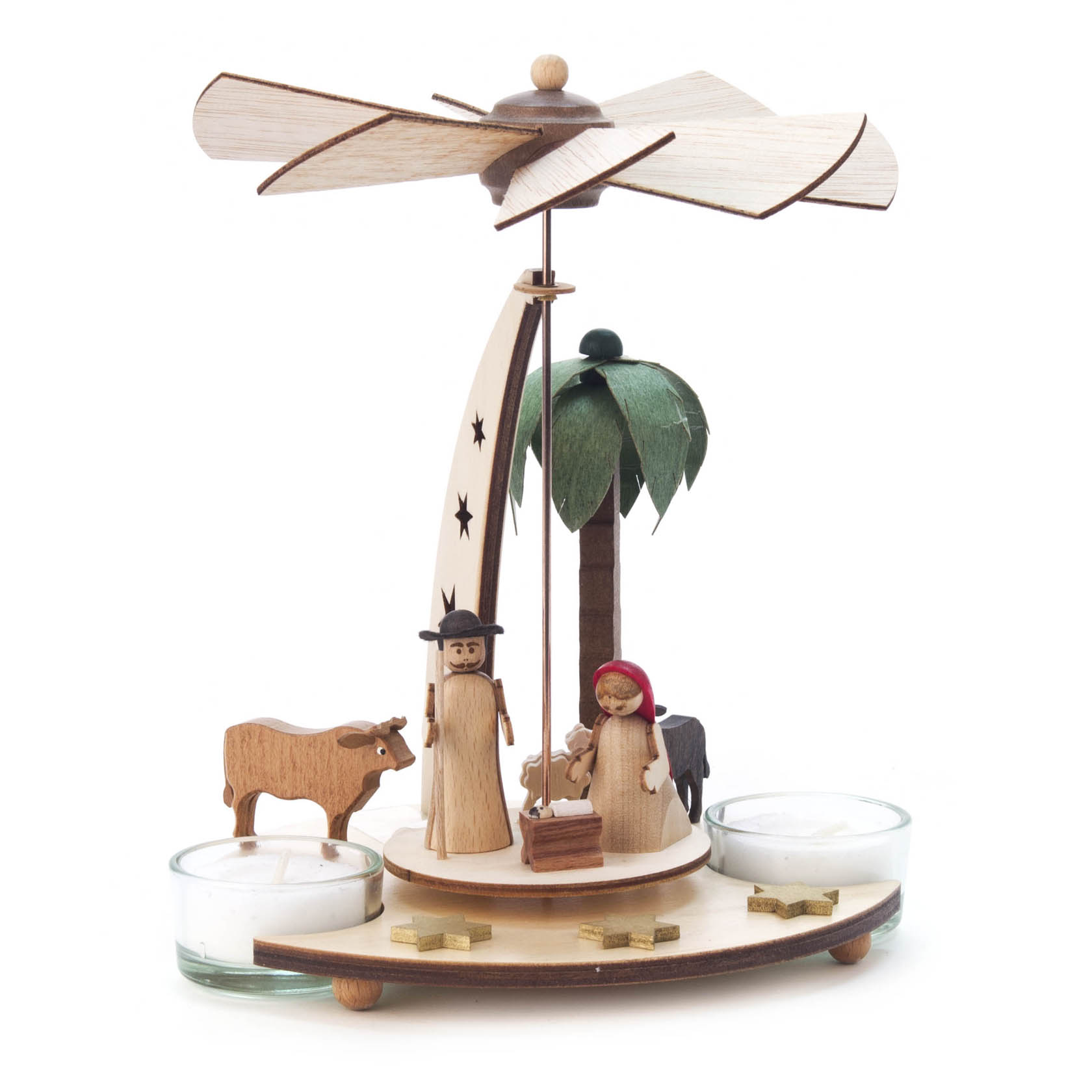 Holzpyramide mit Szenen der Geburt Christi, darunter Maria, Josef, das Jesuskind in der Krippe, ein Ochse und ein Esel. Für Teelichter geeignet. im Dregeno Online Shop günstig kaufen