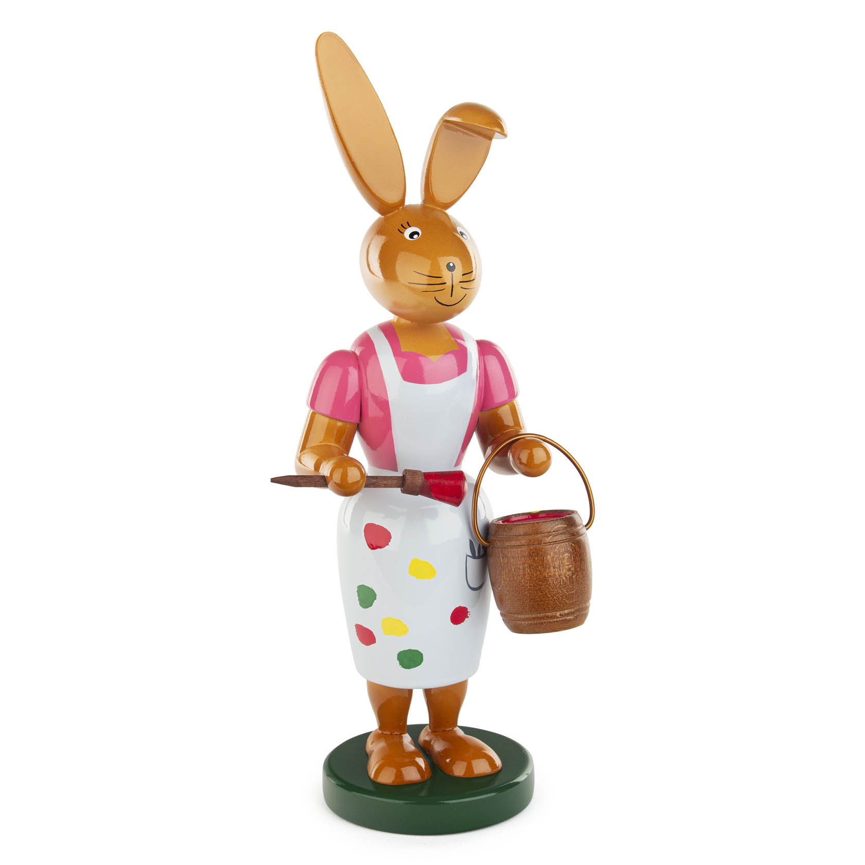 Holzfigur eines Hasen mit rosa Bluse und Schürze, hält einen Pinsel und einen Holzeimer. im Dregeno Online Shop günstig kaufen