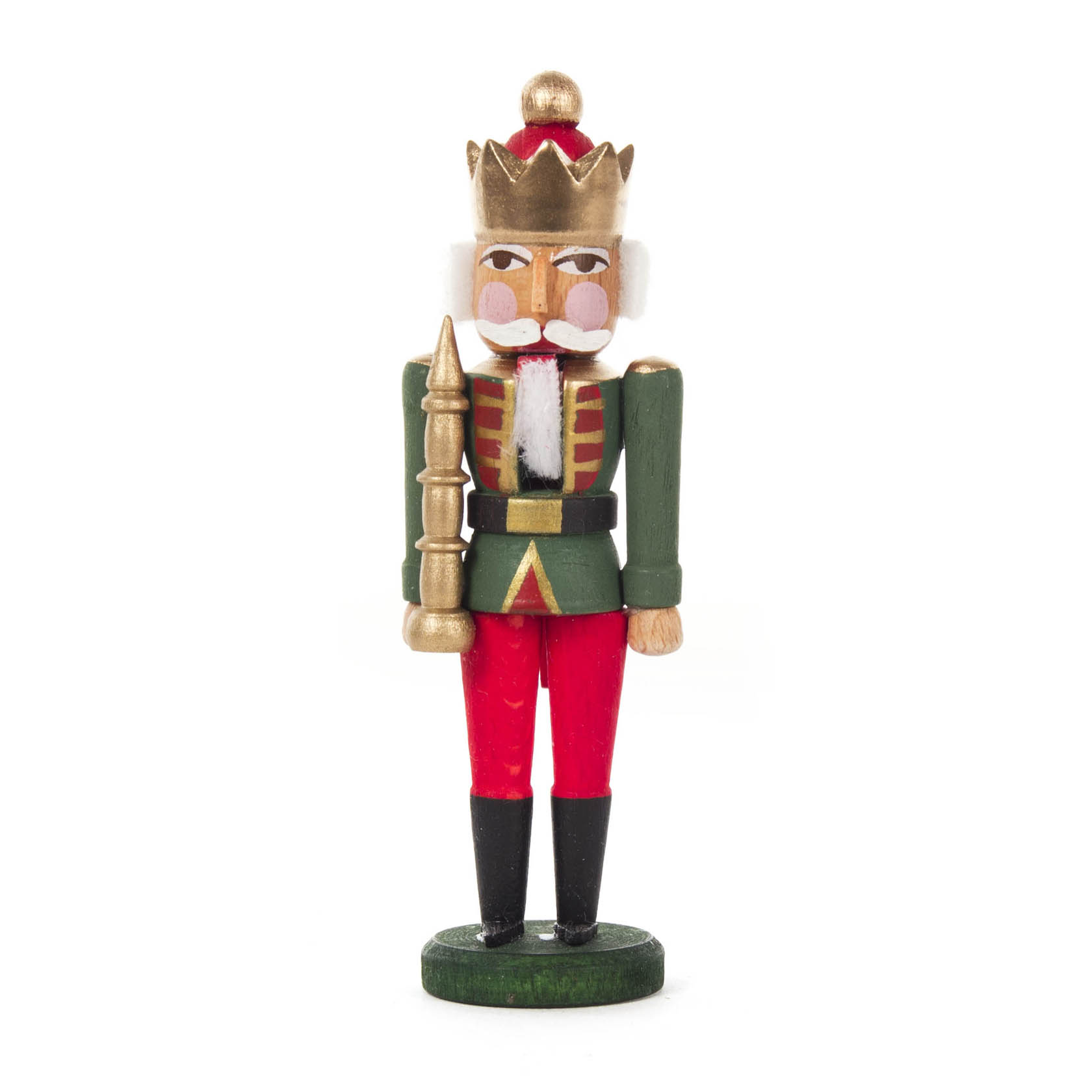 Ein Mini-Nussknacker in Form eines Königs mit goldener Krone, grünem Oberteil, roten Hosen und einem goldenen Zepter. Er hat eine weiße Perücke und Schnurrbart. im Dregeno Online Shop günstig kaufen