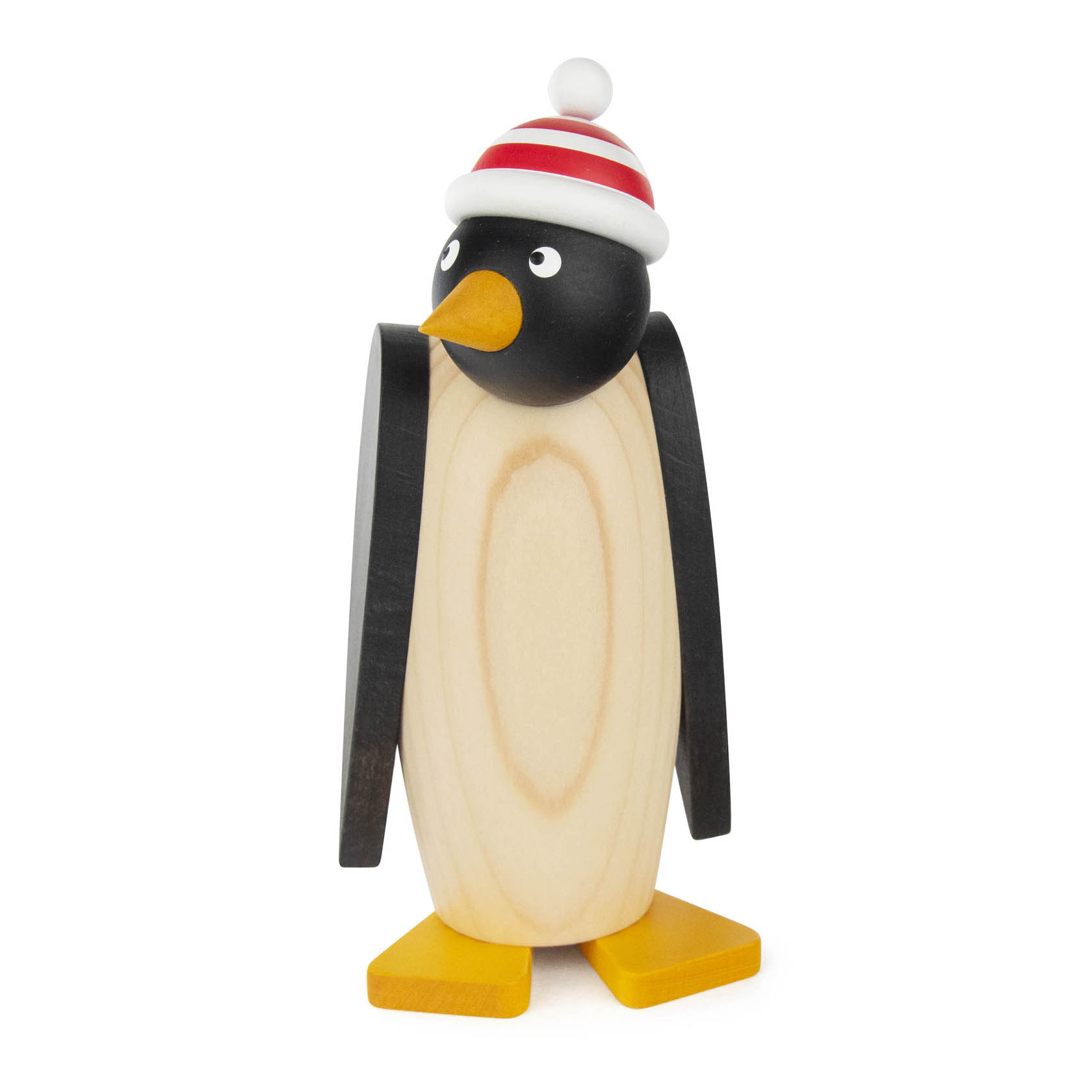 A wooden penguin figurine wearing a red and white striped beanie, standing upright. im Dregeno Online Shop günstig kaufen